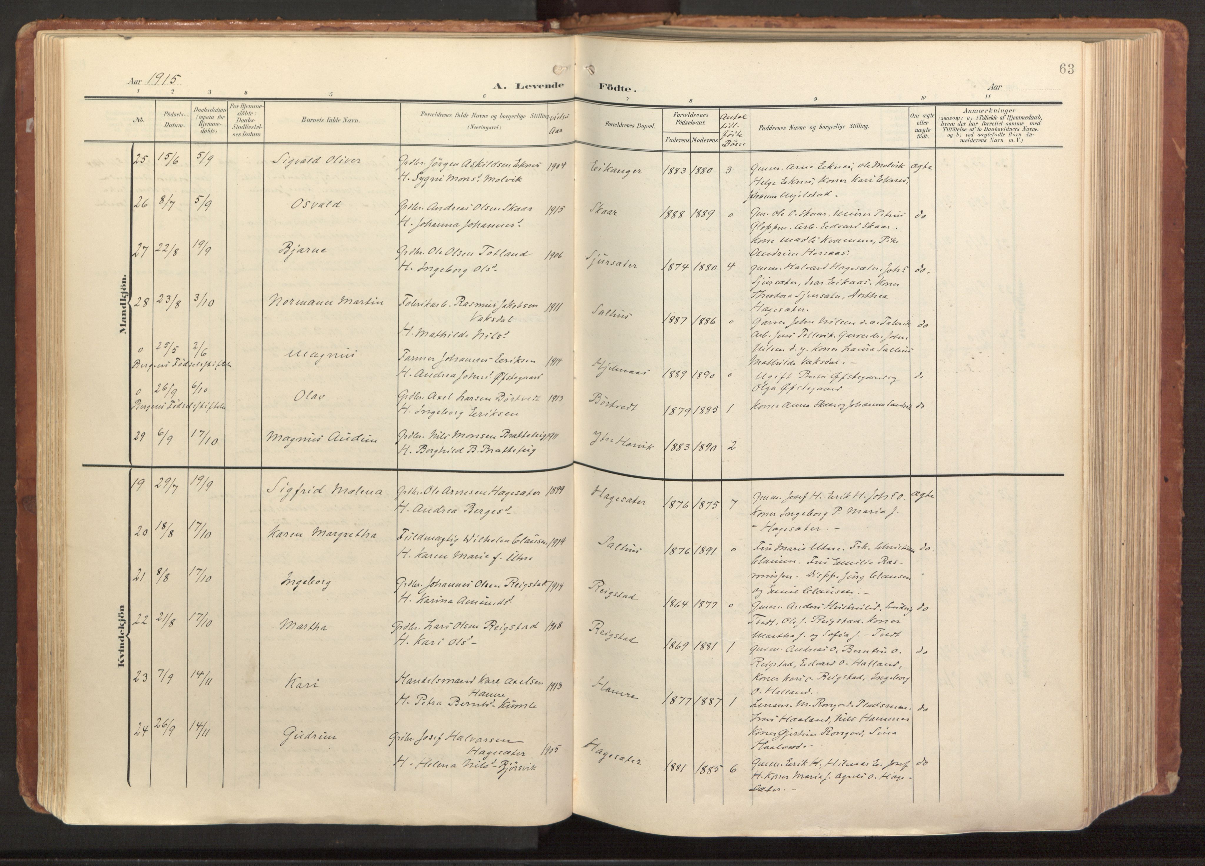 Hamre sokneprestembete, AV/SAB-A-75501/H/Ha/Haa/Haab/L0002: Parish register (official) no. B 2, 1905-1924, p. 63