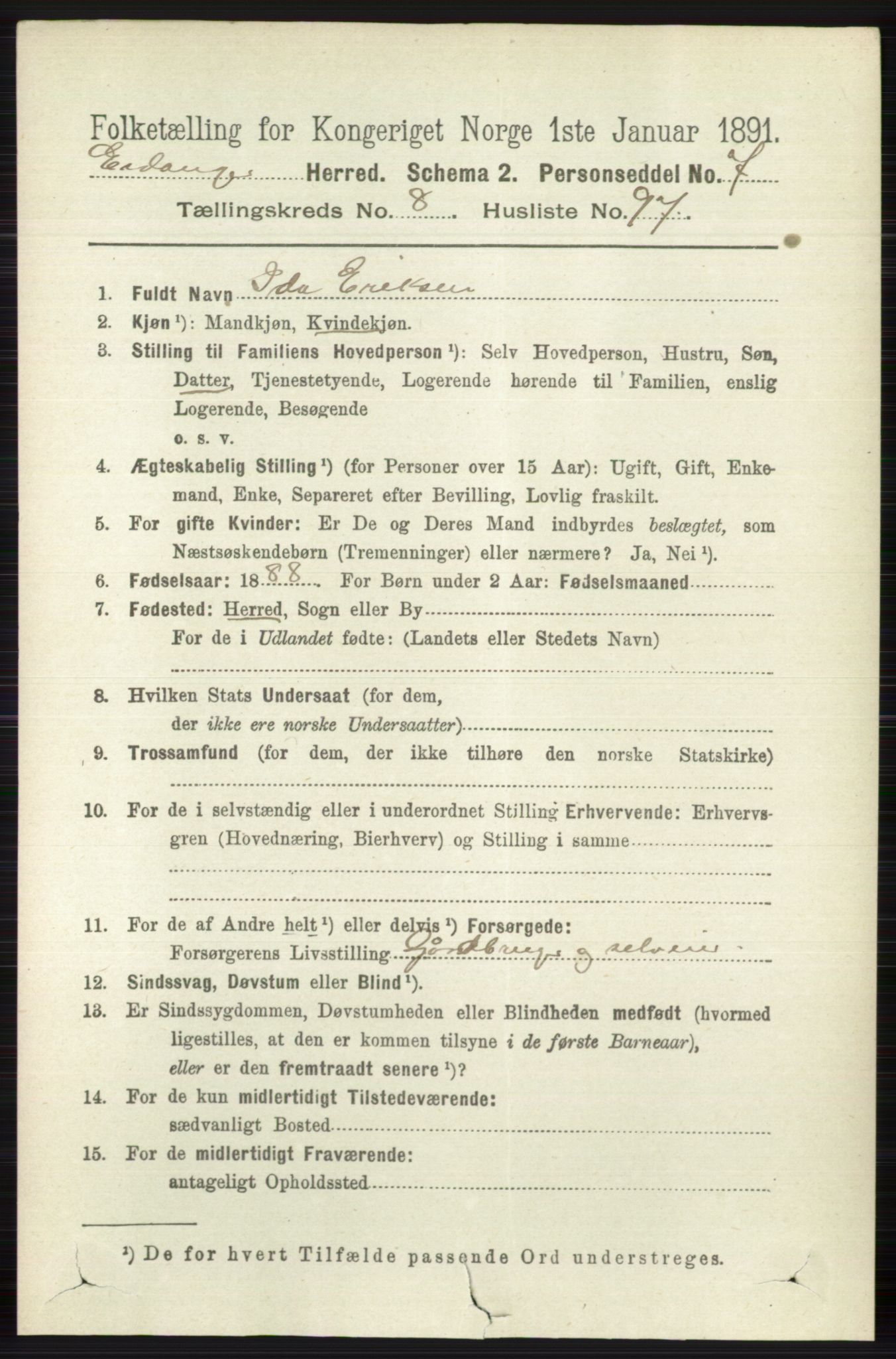 RA, 1891 census for 0813 Eidanger, 1891, p. 3556