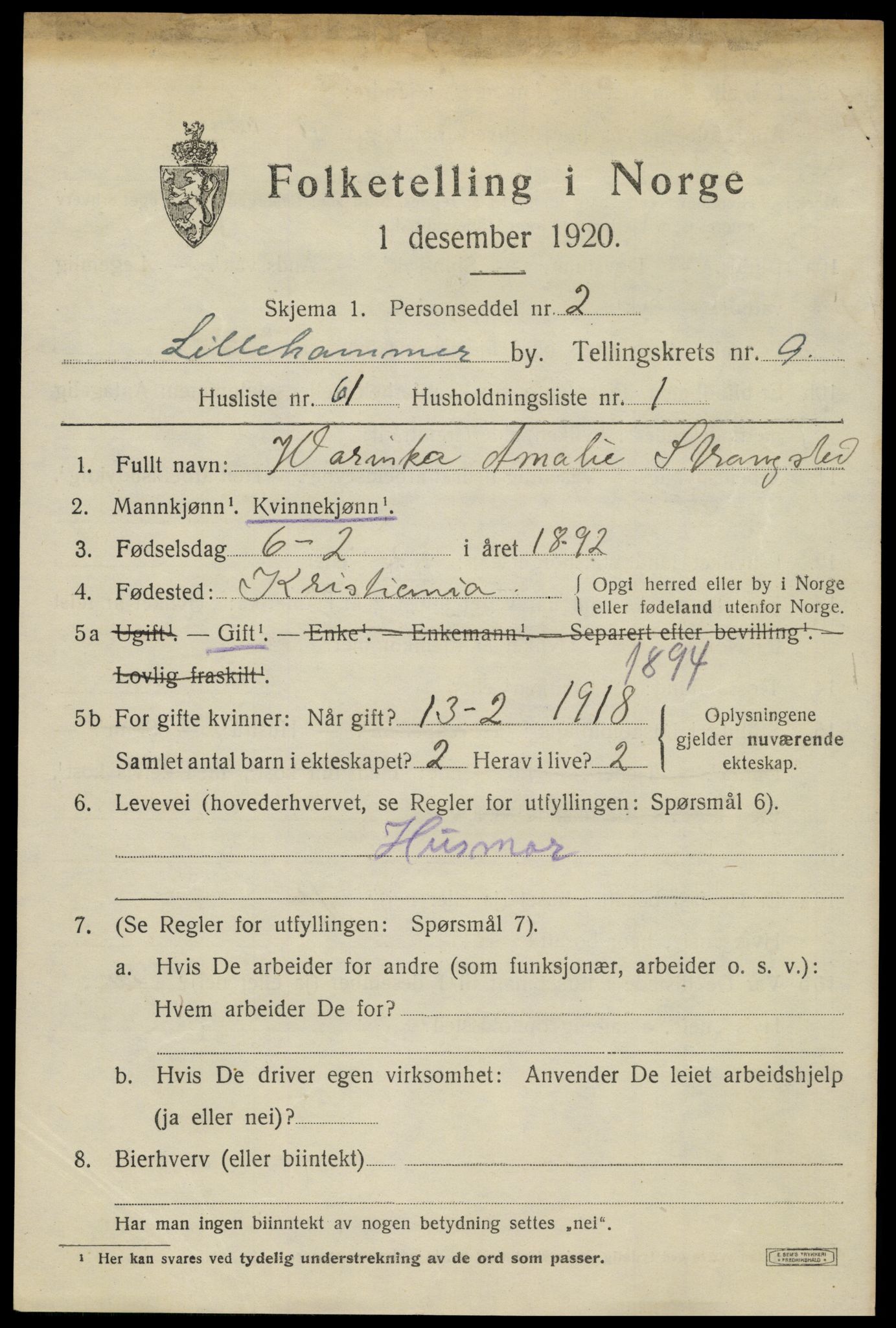 SAH, 1920 census for Lillehammer, 1920, p. 12522