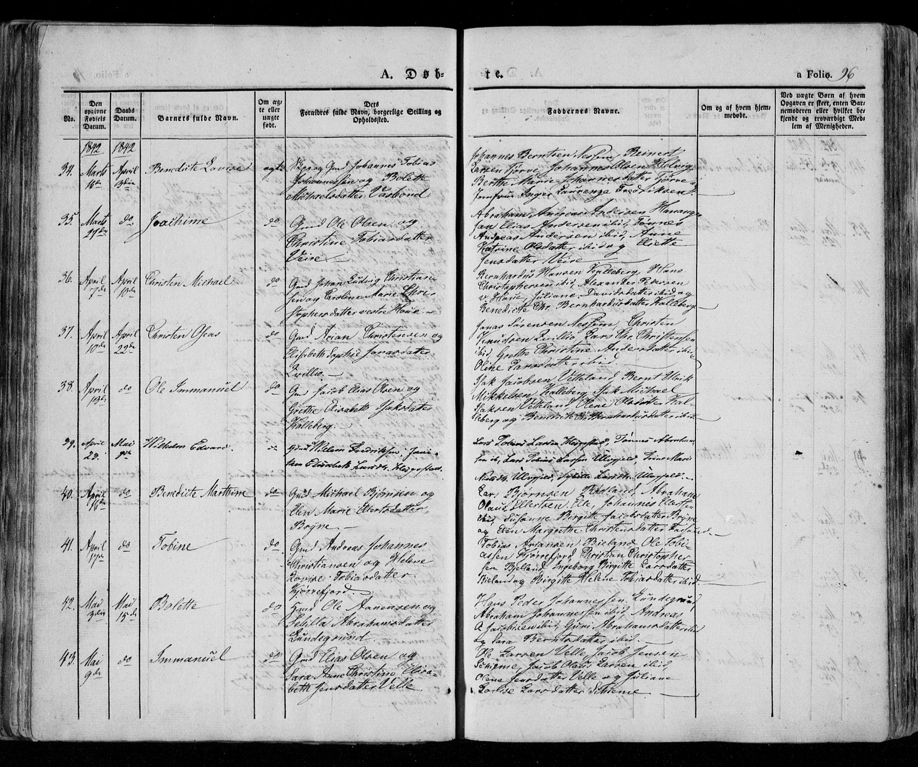 Lista sokneprestkontor, AV/SAK-1111-0027/F/Fa/L0009: Parish register (official) no. A 9, 1835-1846, p. 96