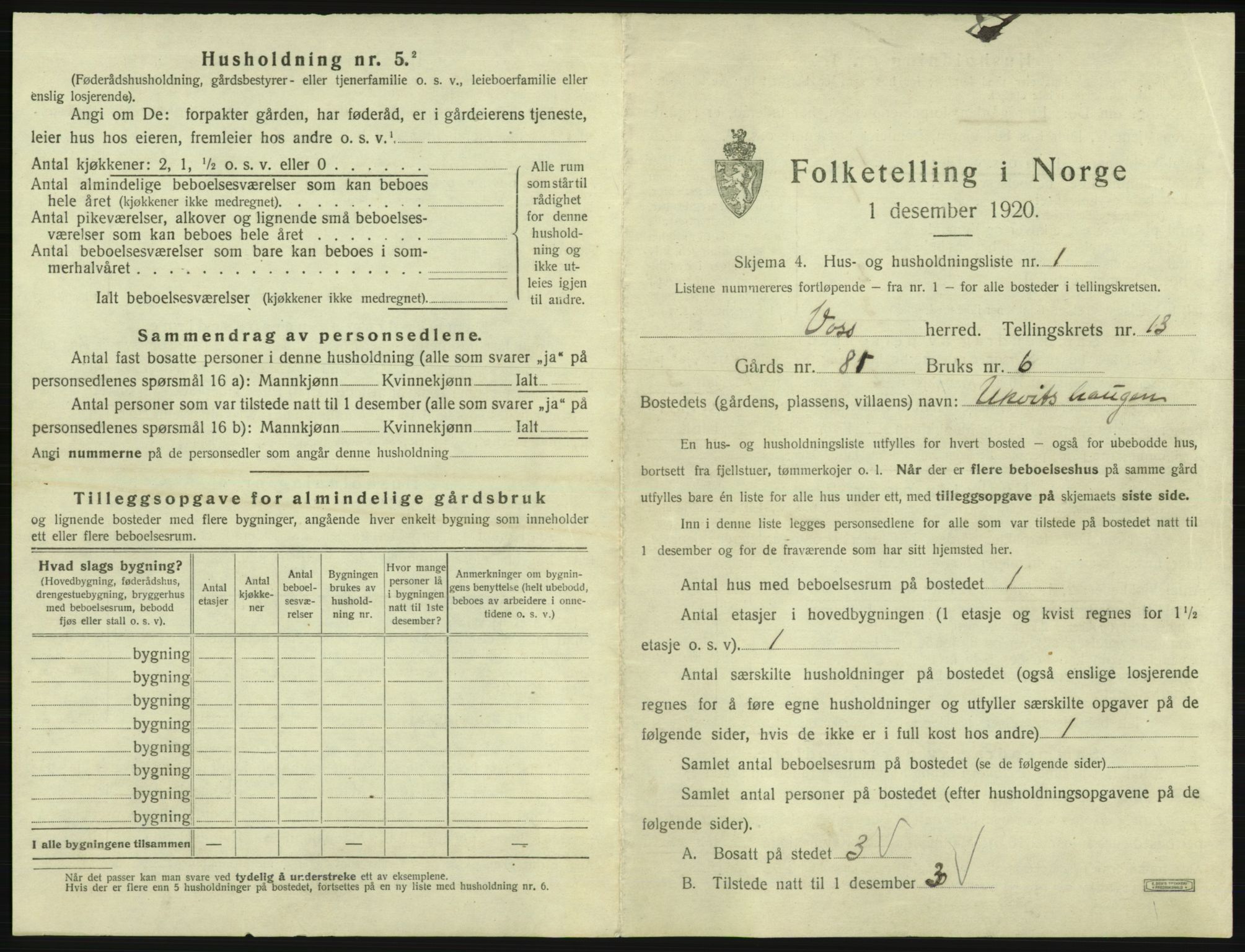 SAB, 1920 census for Voss, 1920, p. 1237