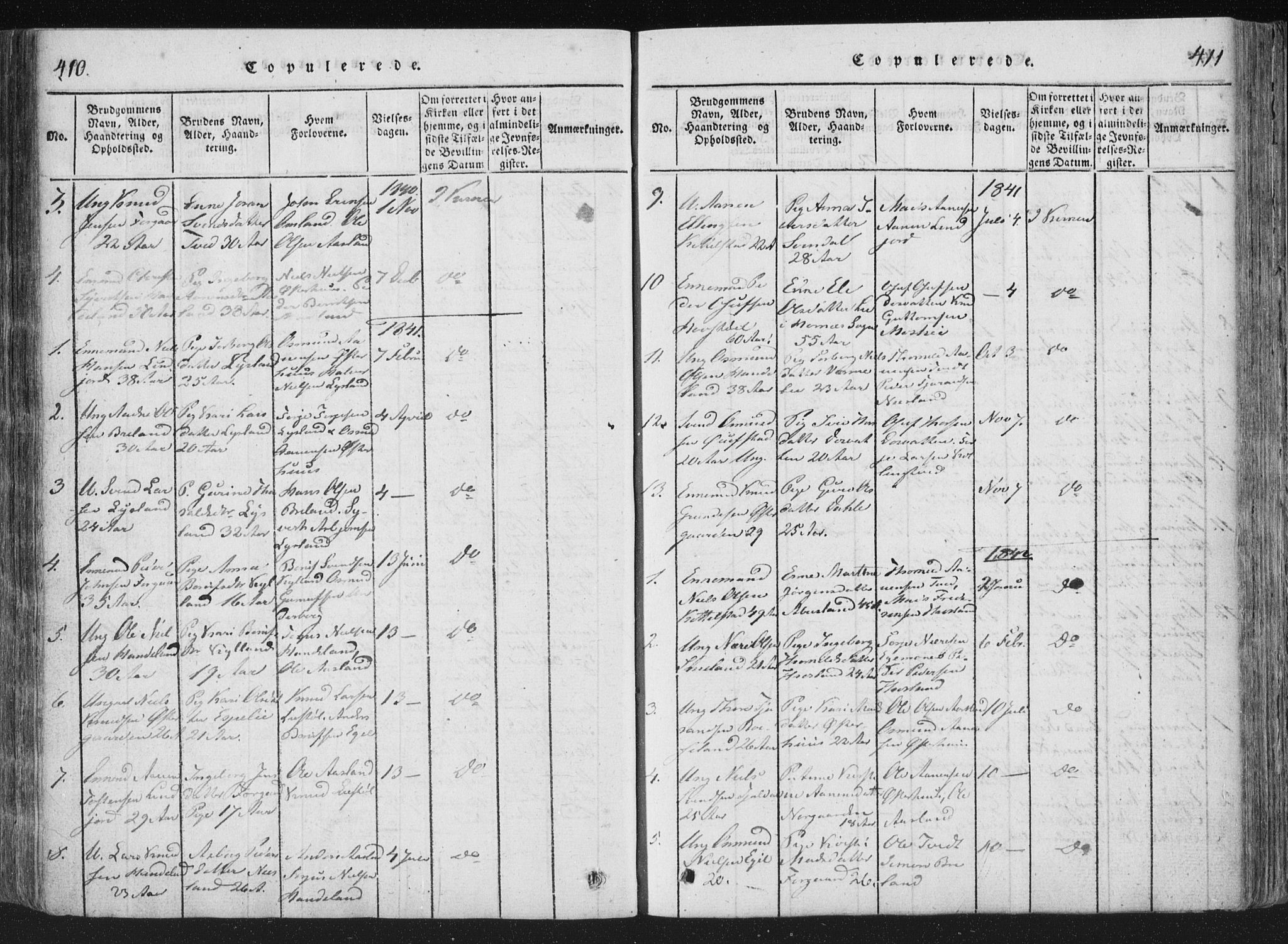 Åseral sokneprestkontor, SAK/1111-0051/F/Fa/L0001: Parish register (official) no. A 1, 1815-1853, p. 410-411