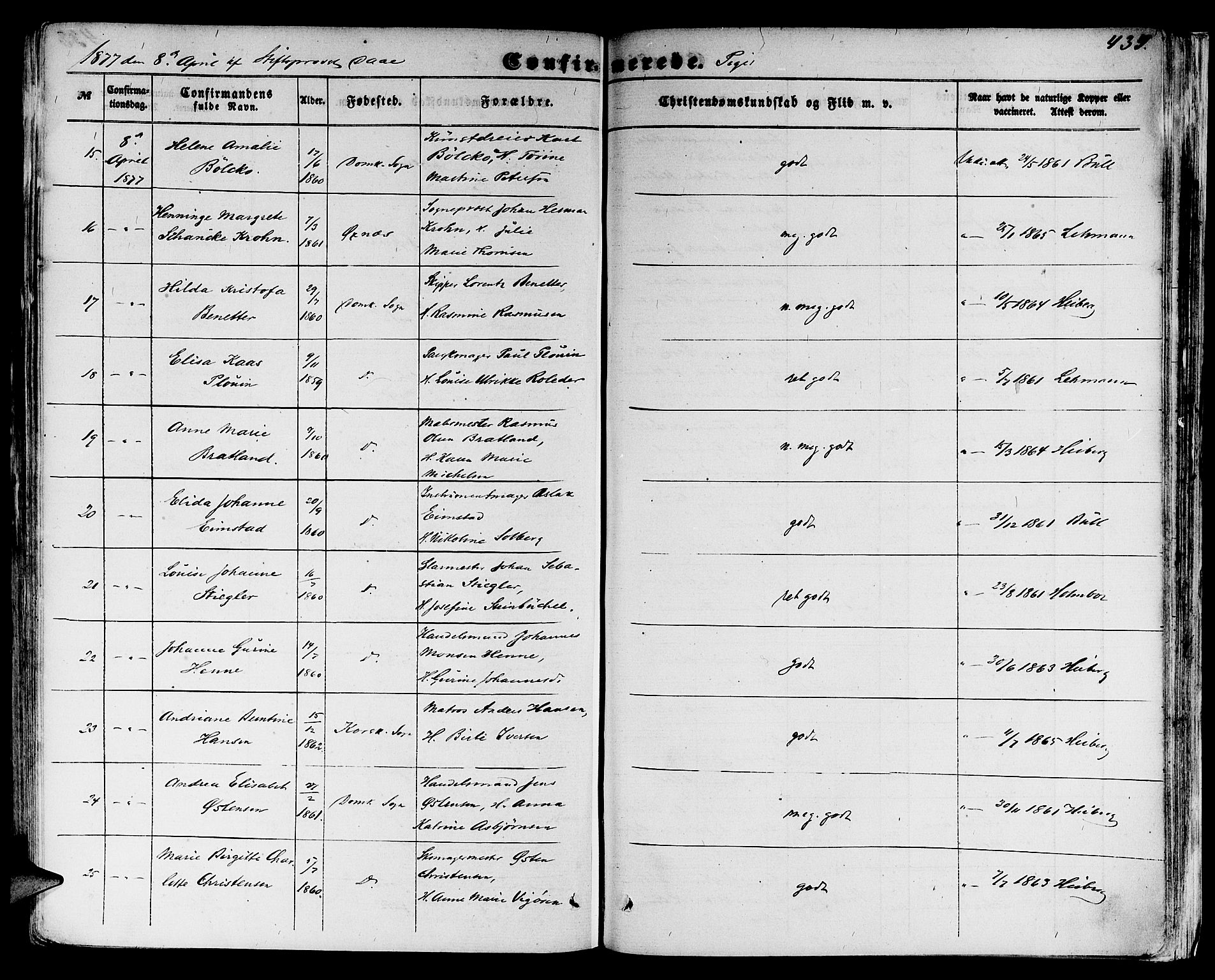 Domkirken sokneprestembete, SAB/A-74801/H/Hab/L0023: Parish register (copy) no. C 3, 1854-1880, p. 434