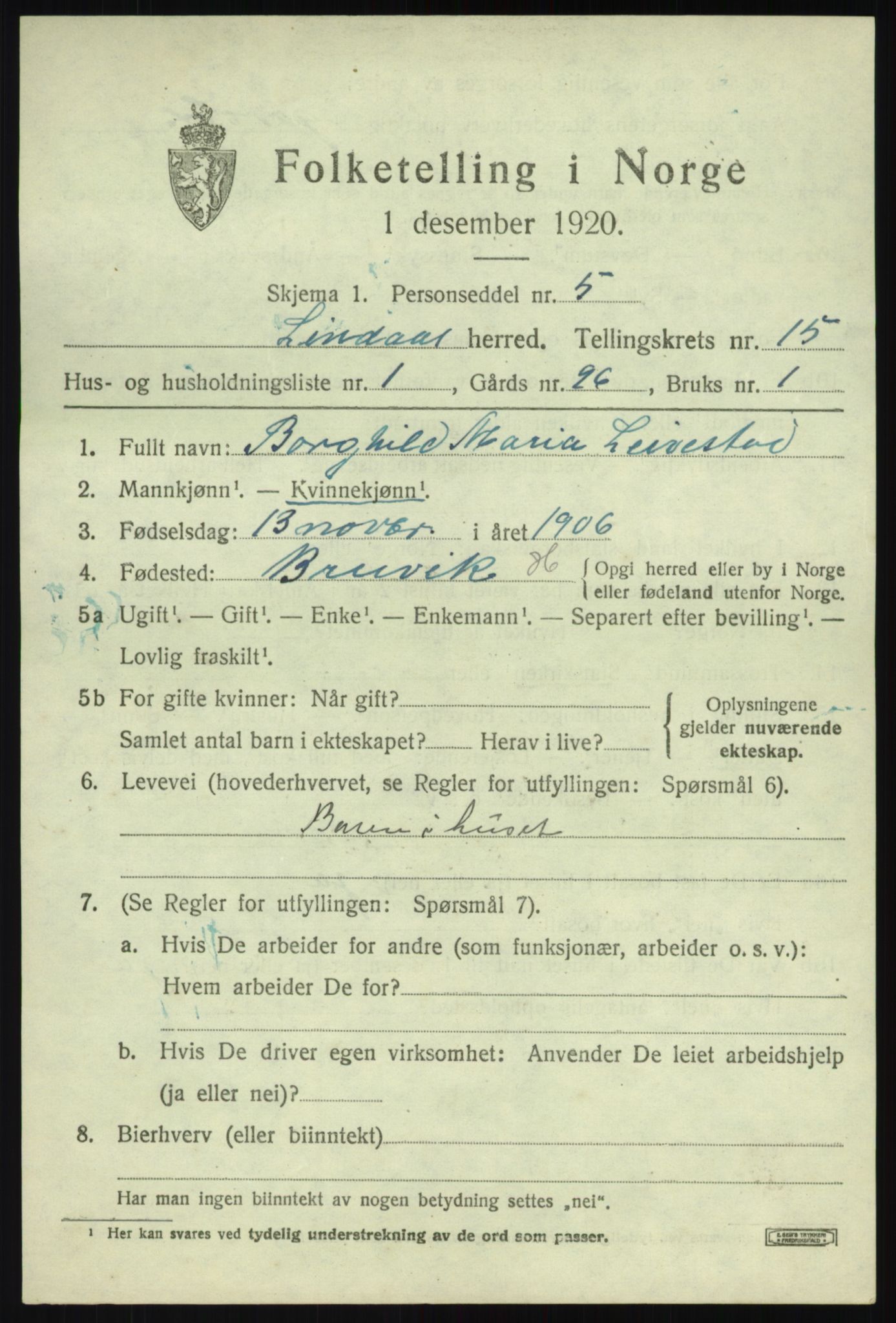 SAB, 1920 census for Lindås, 1920, p. 7549