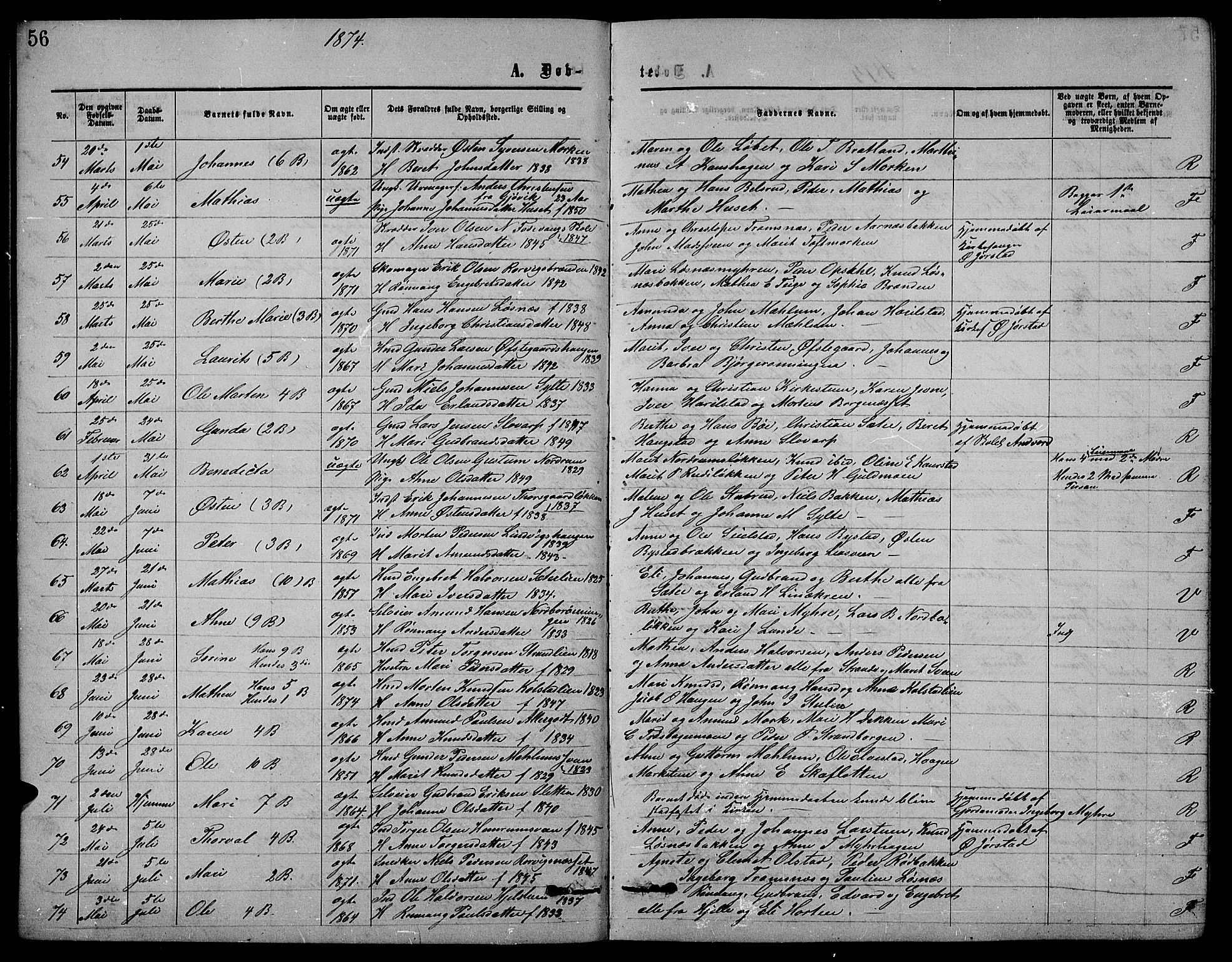 Ringebu prestekontor, AV/SAH-PREST-082/H/Ha/Hab/L0004: Parish register (copy) no. 4, 1867-1879, p. 56