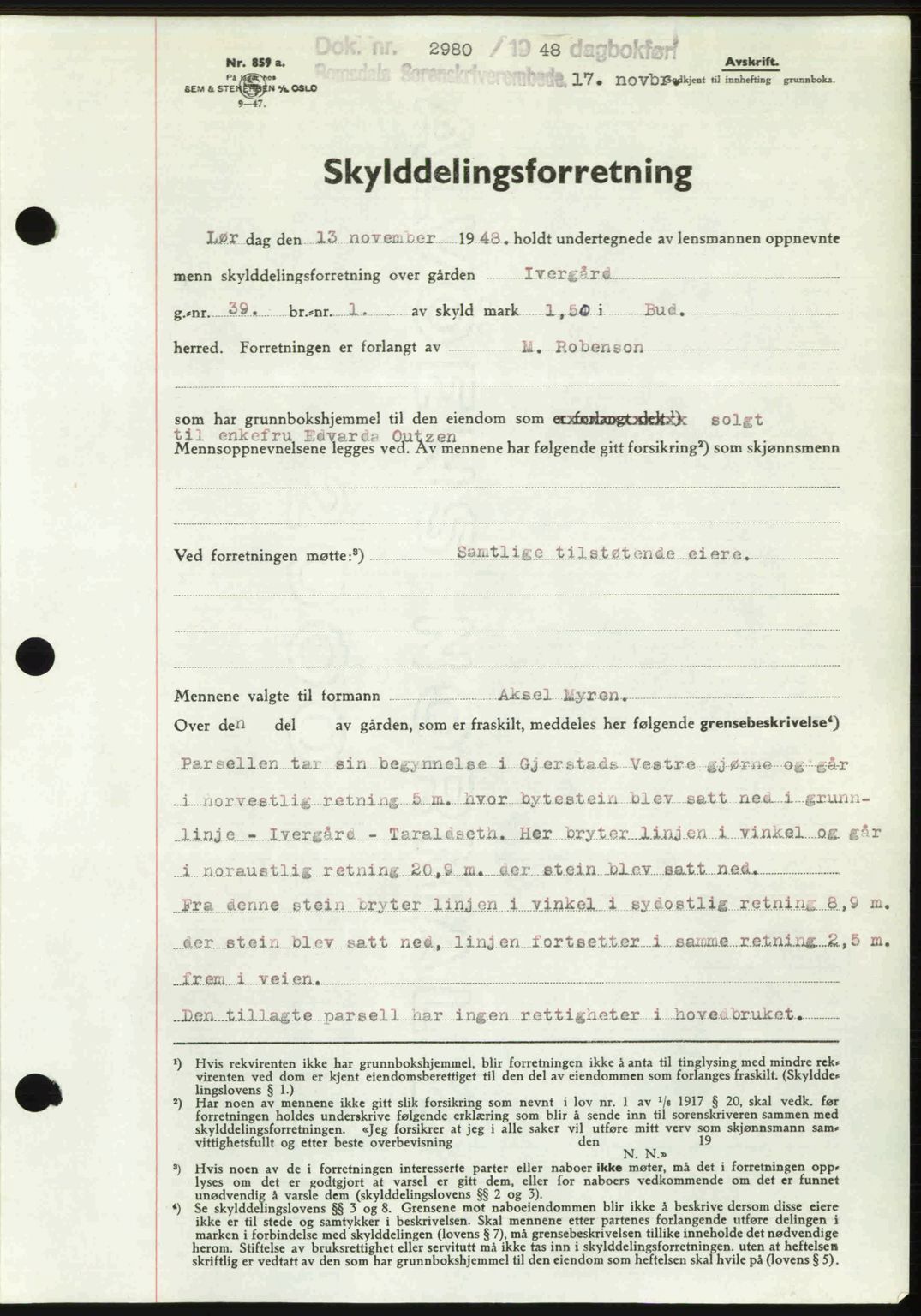 Romsdal sorenskriveri, AV/SAT-A-4149/1/2/2C: Mortgage book no. A27, 1948-1948, Diary no: : 2980/1948