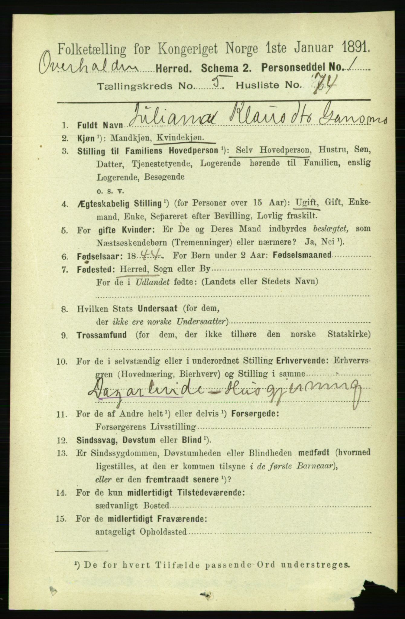 RA, 1891 census for 1744 Overhalla, 1891, p. 2105