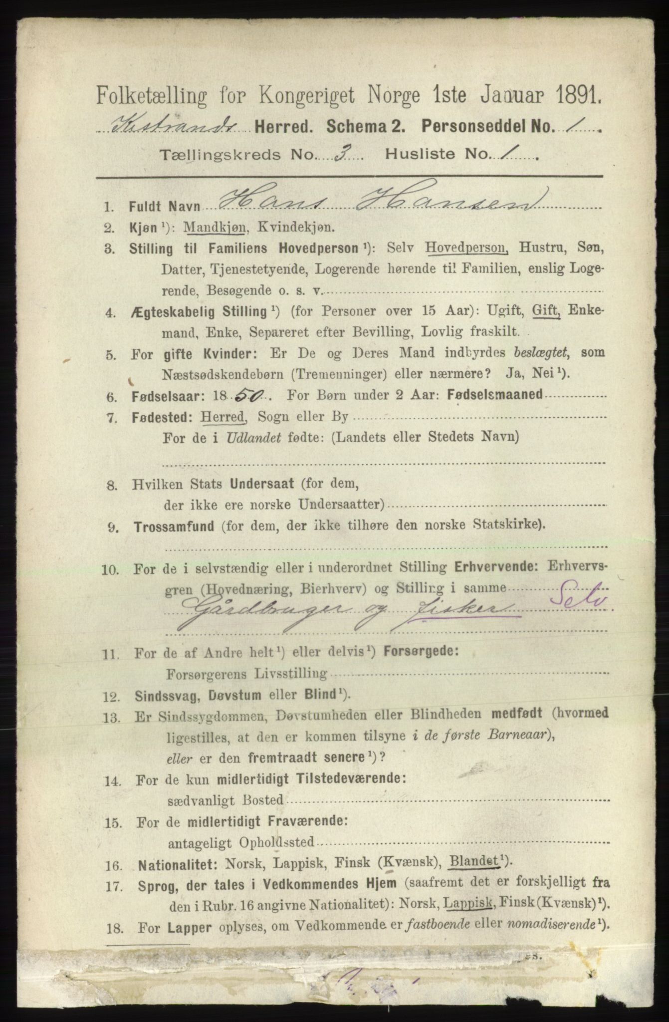 RA, 1891 census for 2020 Kistrand, 1891, p. 1270