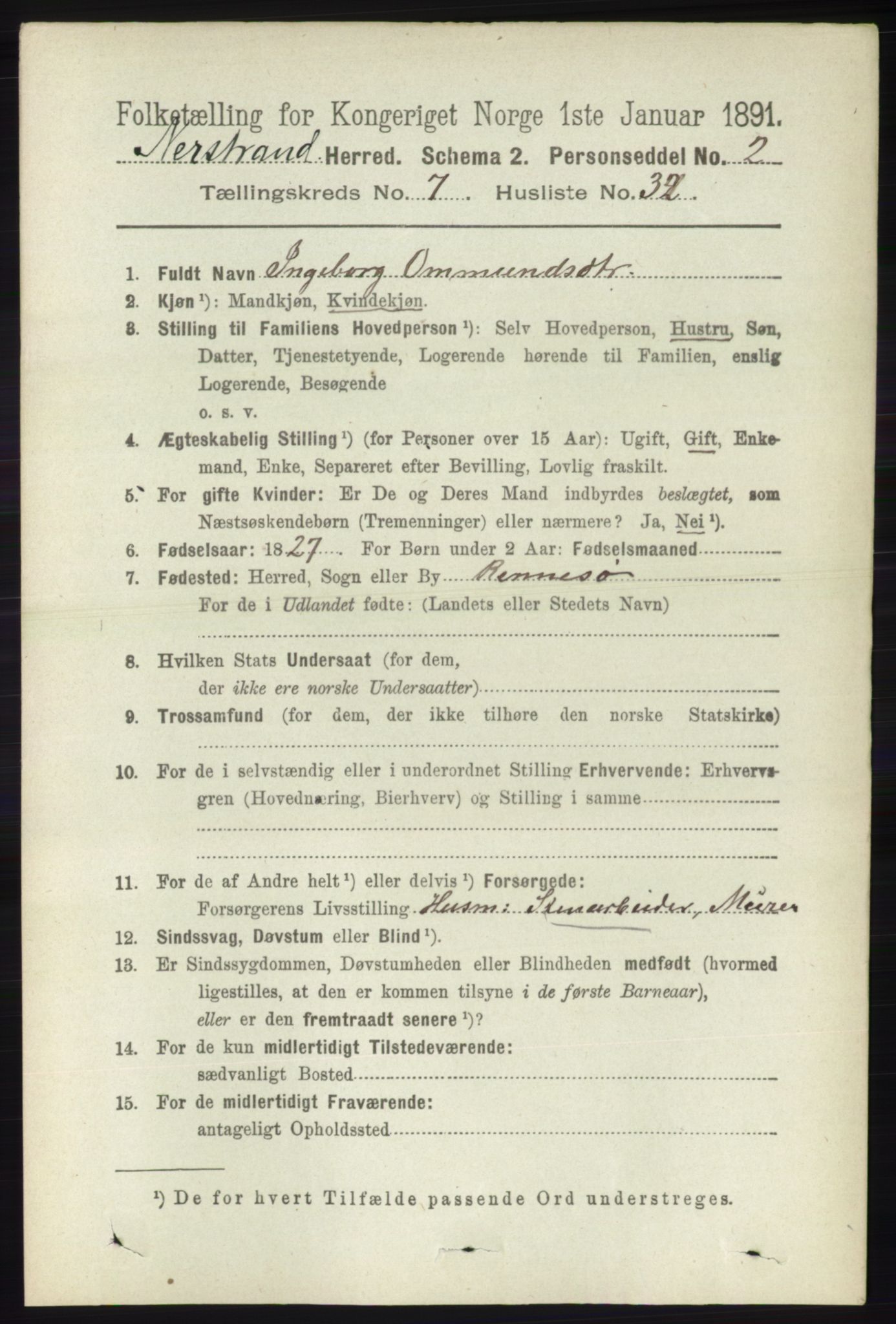 RA, 1891 census for 1139 Nedstrand, 1891, p. 1345