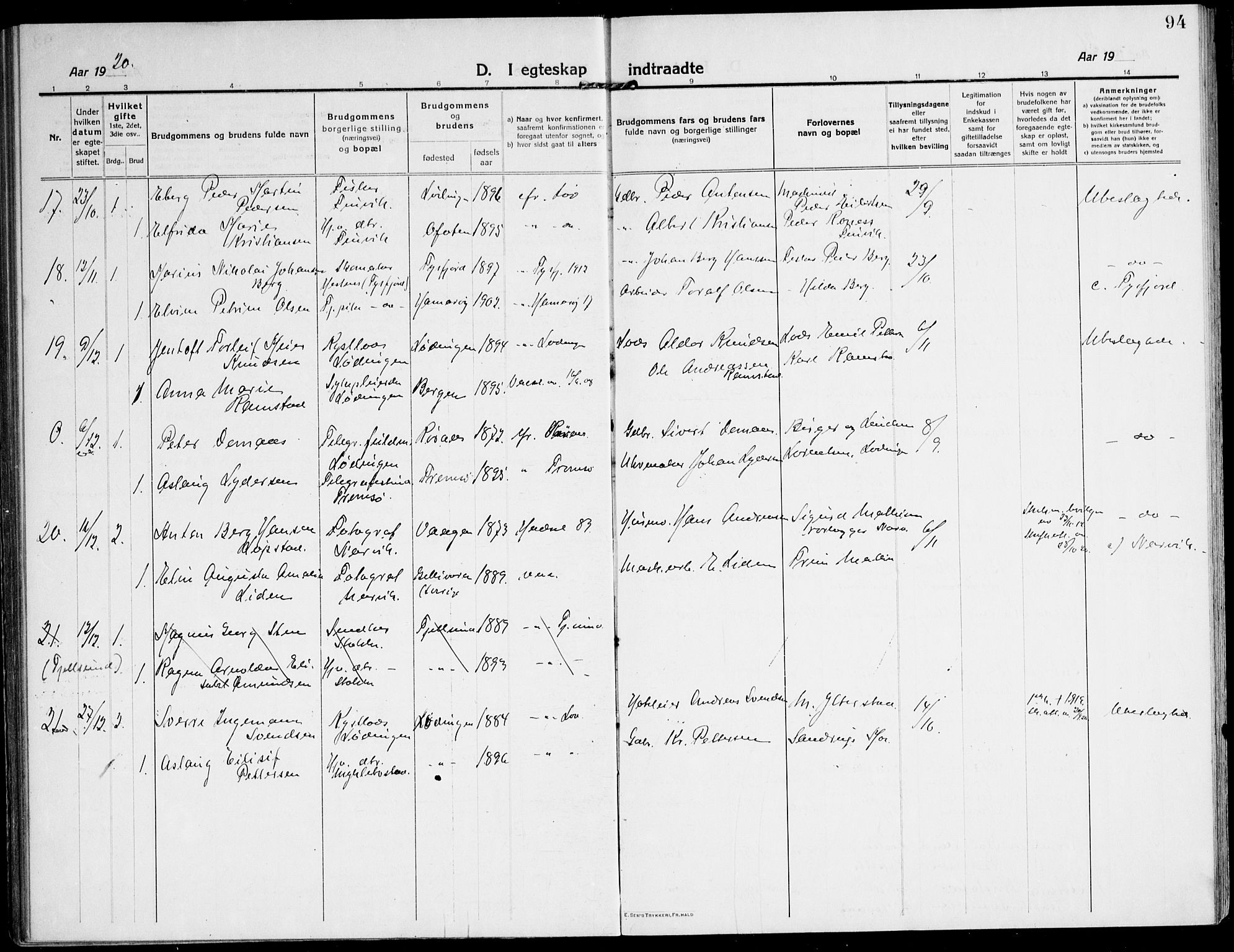 Ministerialprotokoller, klokkerbøker og fødselsregistre - Nordland, AV/SAT-A-1459/872/L1037: Parish register (official) no. 872A12, 1914-1925, p. 94