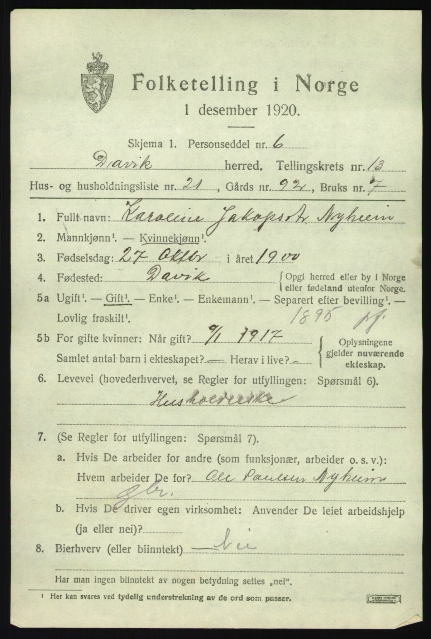 SAB, 1920 census for Davik, 1920, p. 6367