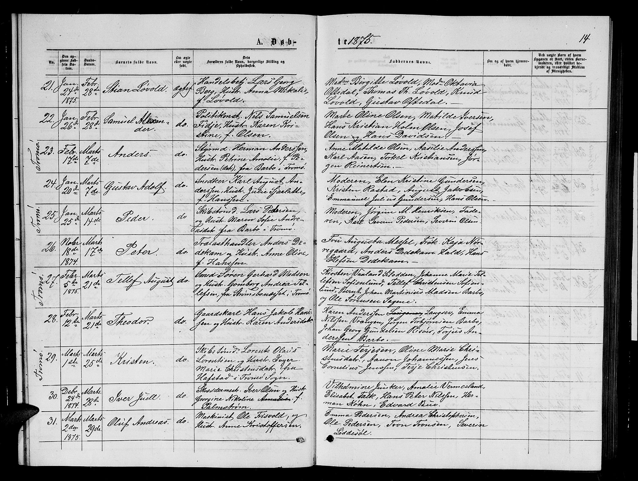 Arendal sokneprestkontor, Trefoldighet, SAK/1111-0040/F/Fb/L0005: Parish register (copy) no. B 5, 1874-1888, p. 14