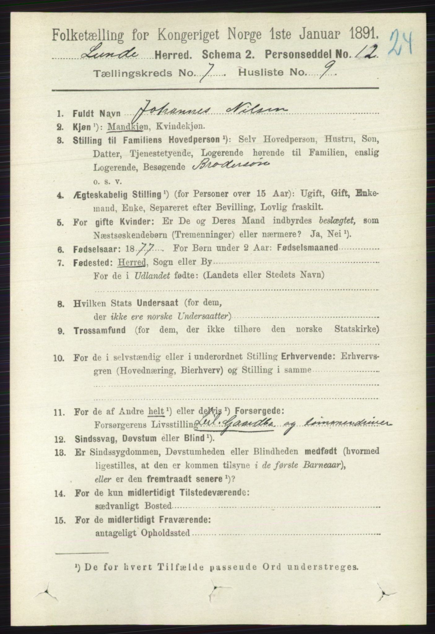 RA, 1891 census for 0820 Lunde, 1891, p. 2264