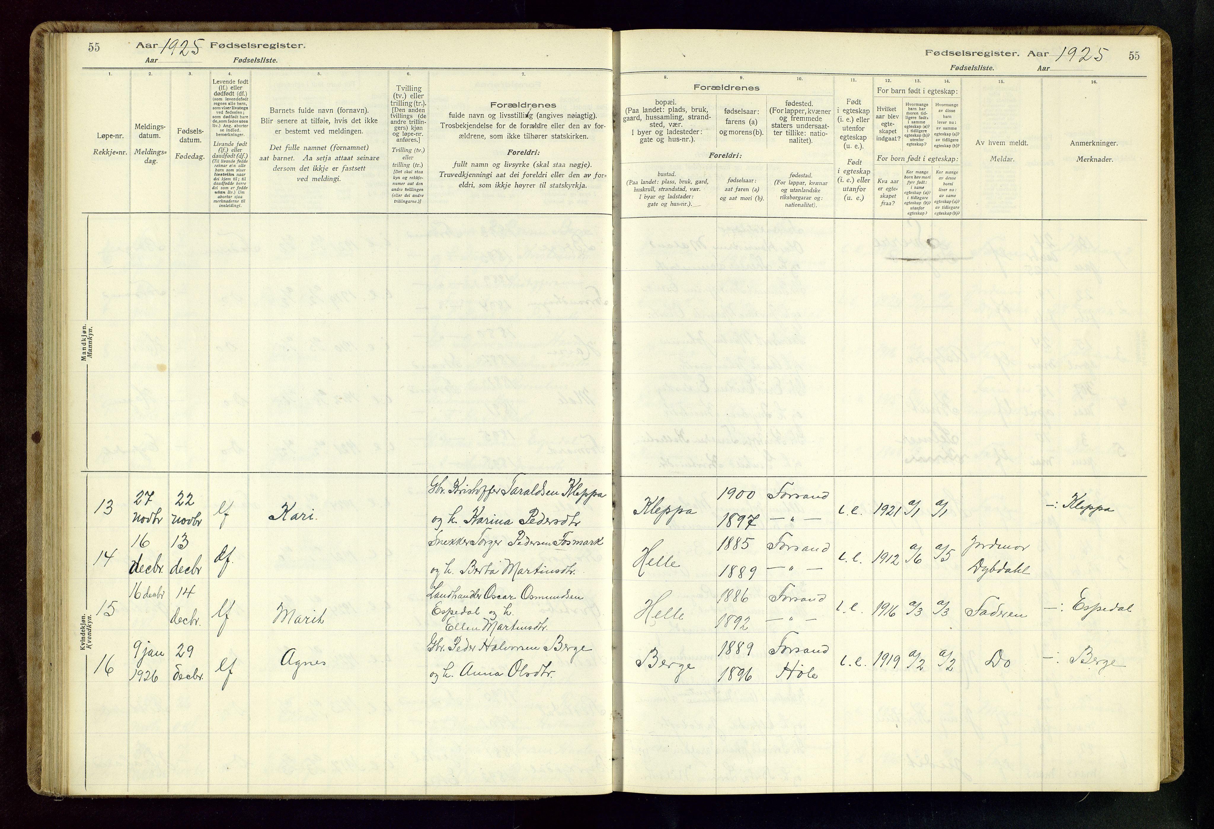 Høgsfjord sokneprestkontor, AV/SAST-A-101624/I/Id/L0002: Birth register no. 2, 1916-1959, p. 55