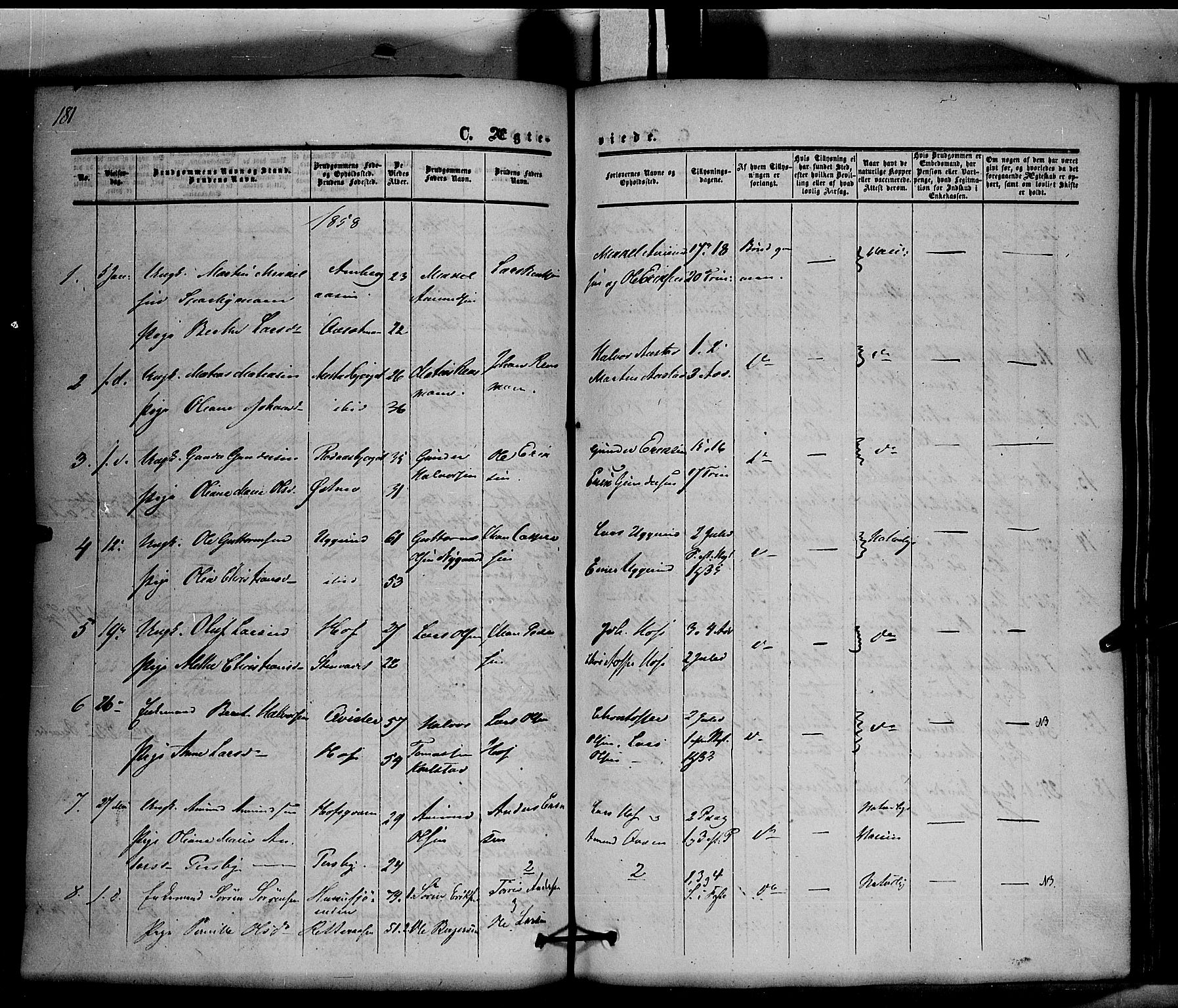 Hof prestekontor, SAH/PREST-038/H/Ha/Haa/L0008: Parish register (official) no. 8, 1849-1861, p. 181