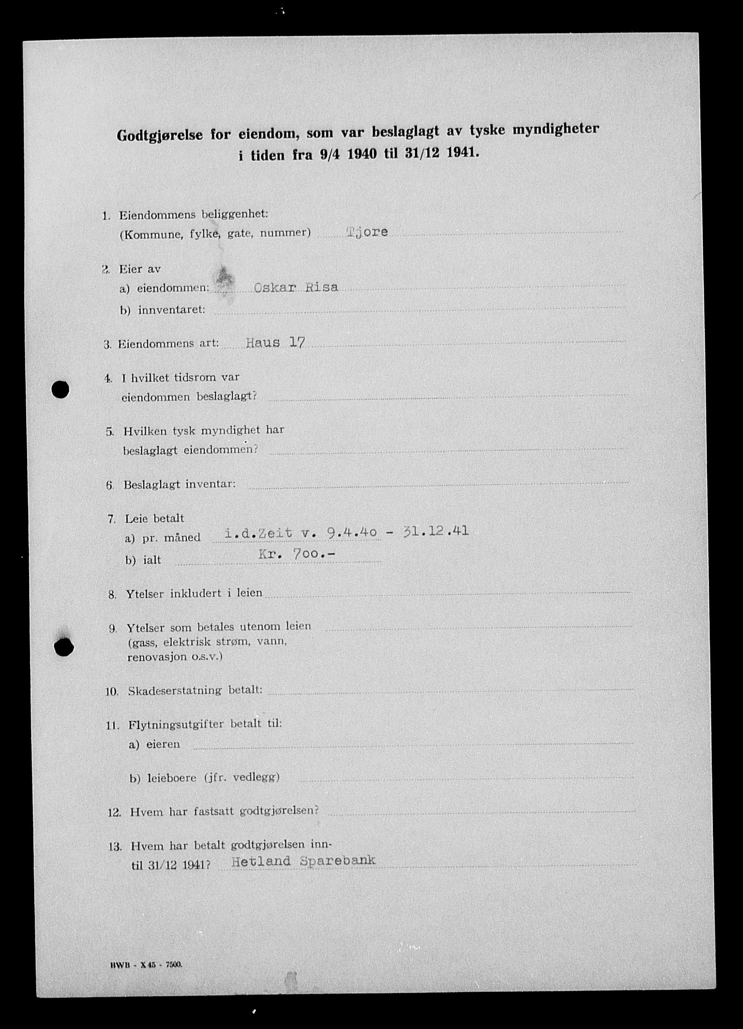 Justisdepartementet, Tilbakeføringskontoret for inndratte formuer, AV/RA-S-1564/I/L1015: Godtgjørelse for beslaglagt eiendom, 1940-1941, p. 106