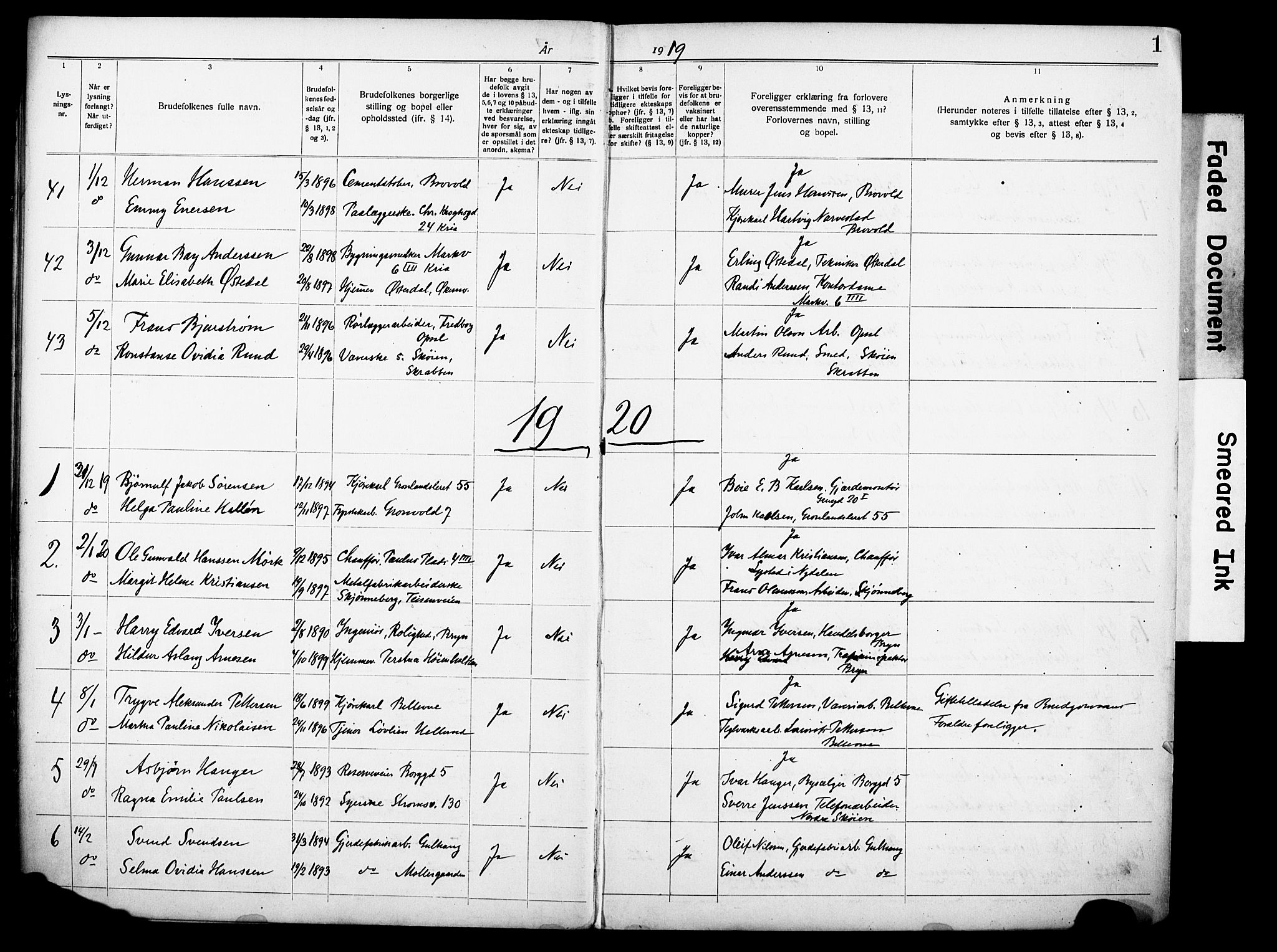 Østre Aker prestekontor Kirkebøker, SAO/A-10840/H/Ha/L0007: Banns register no. I 7, 1919-1933, p. 1