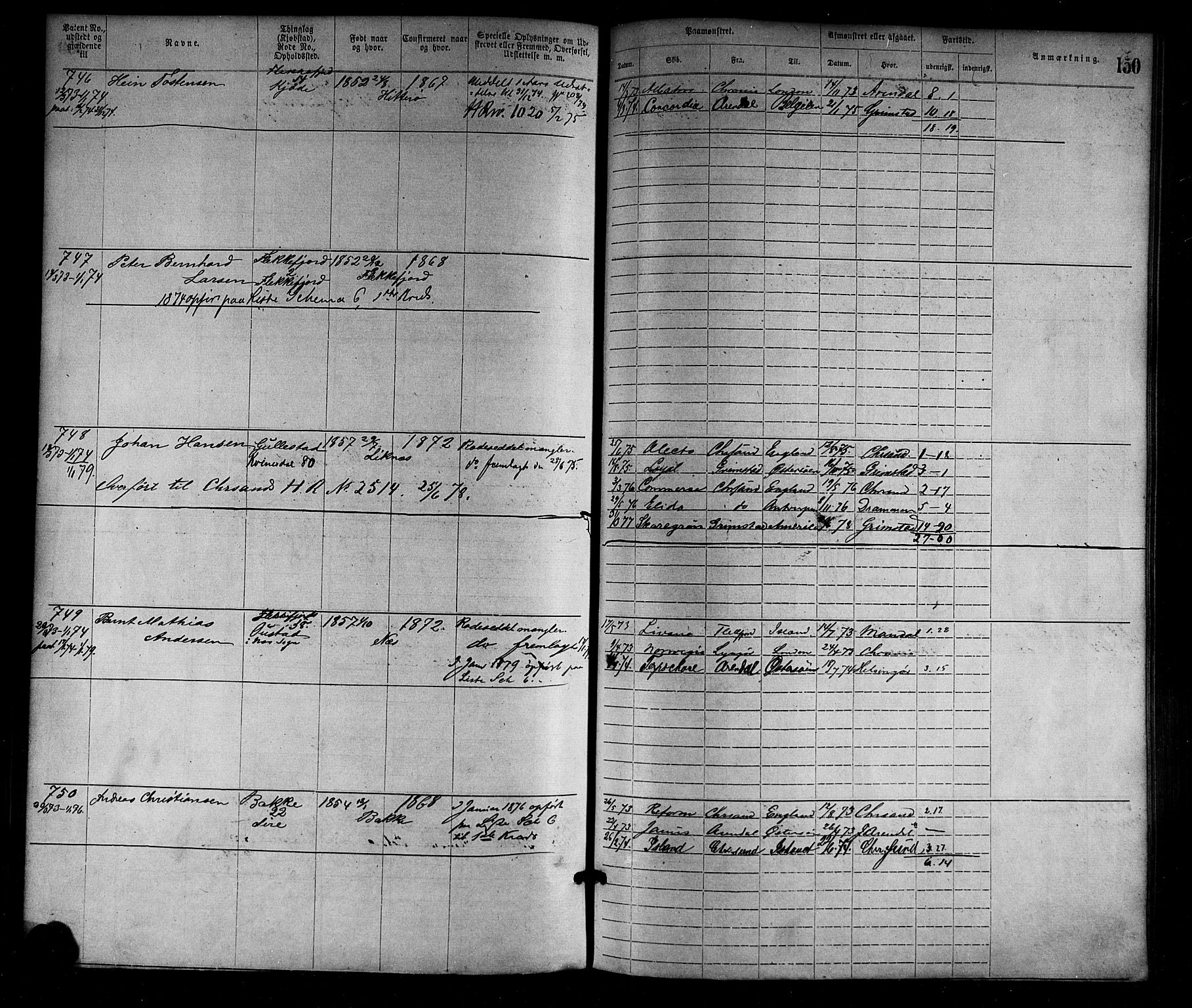 Flekkefjord mønstringskrets, SAK/2031-0018/F/Fa/L0002: Annotasjonsrulle nr 1-1920 med register, N-2, 1870-1891, p. 175
