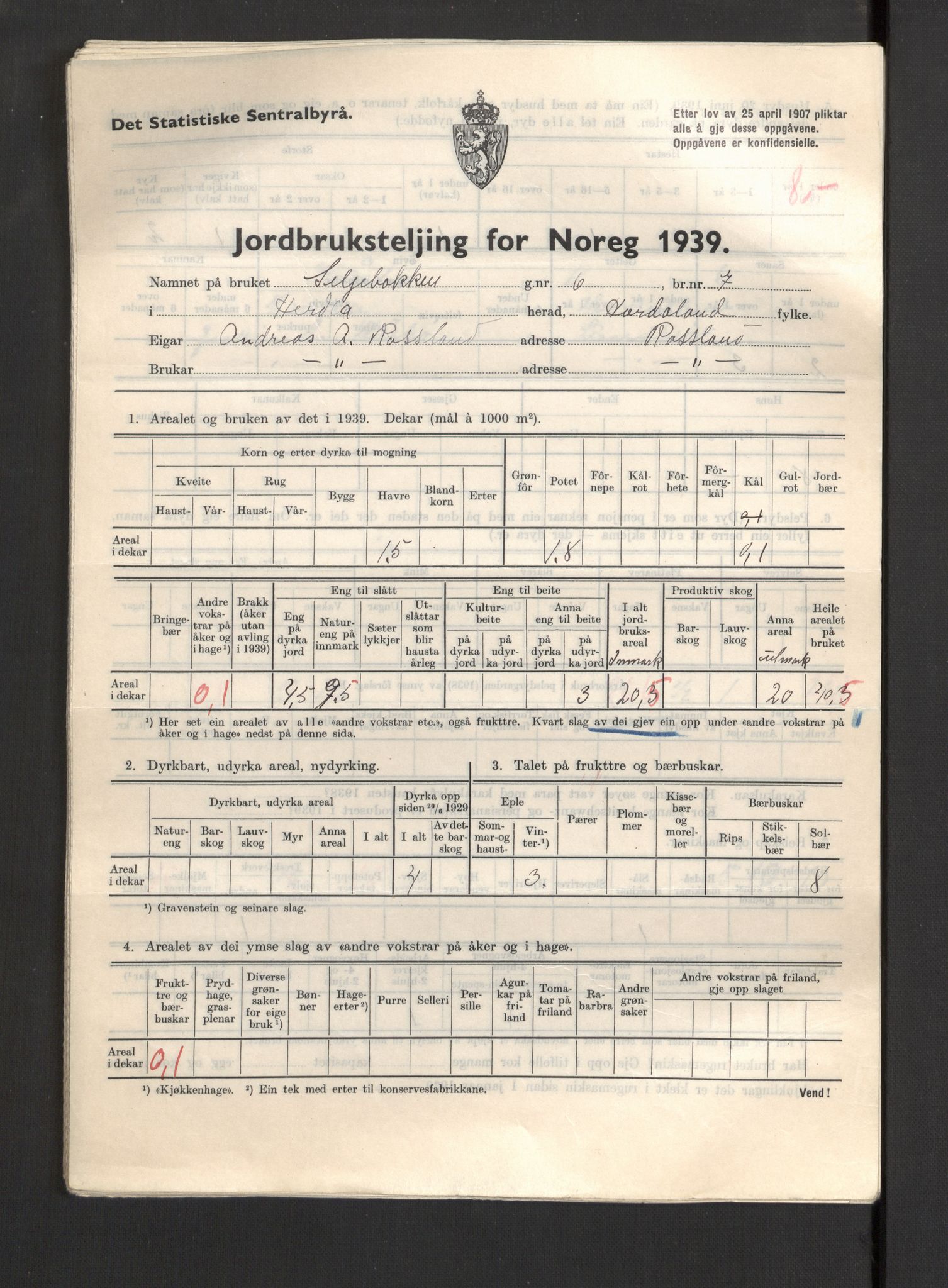 Statistisk sentralbyrå, Næringsøkonomiske emner, Jordbruk, skogbruk, jakt, fiske og fangst, AV/RA-S-2234/G/Gb/L0211: Hordaland: Herdla, Hjelme og Manger, 1939, p. 709