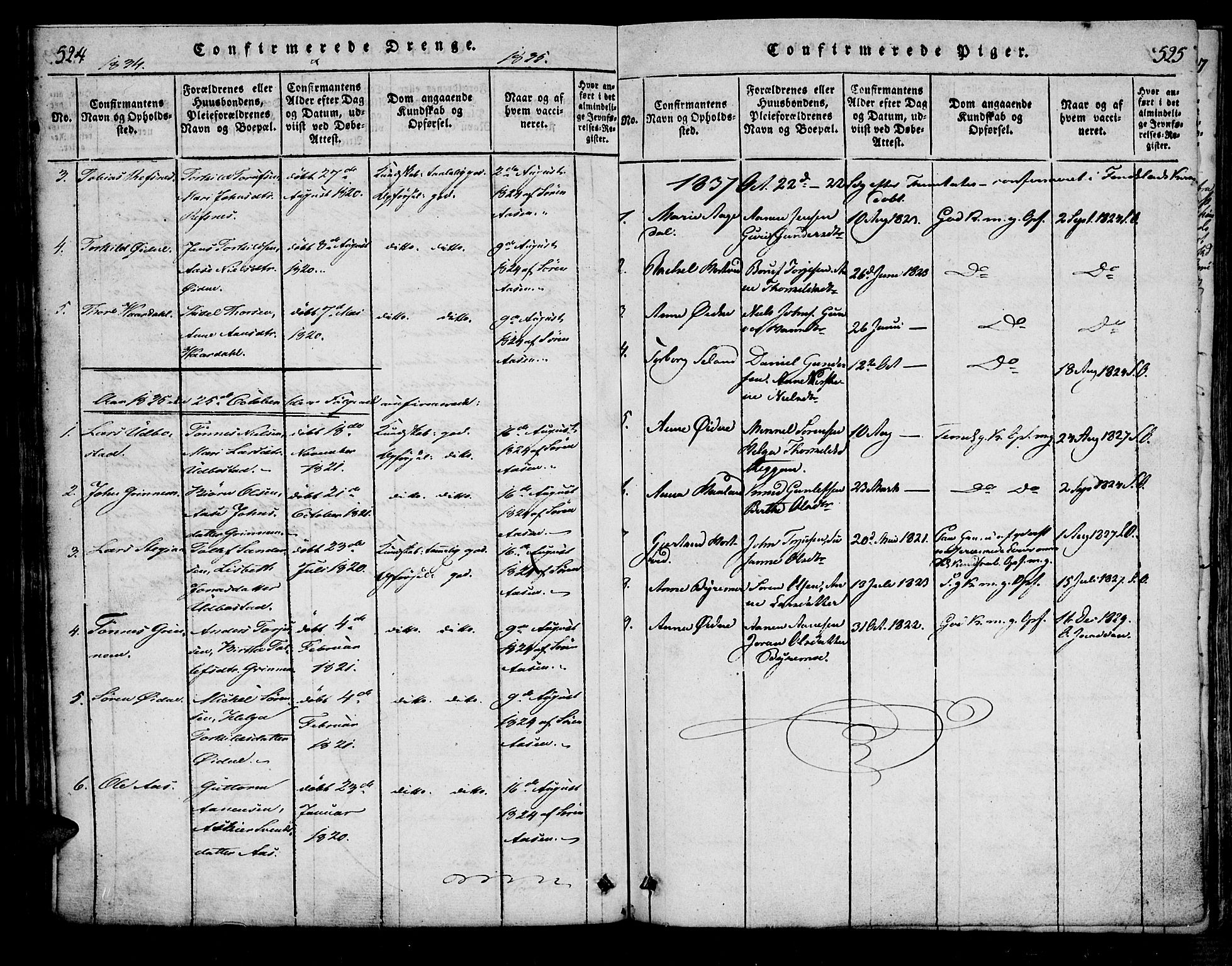 Bjelland sokneprestkontor, SAK/1111-0005/F/Fa/Fac/L0001: Parish register (official) no. A 1, 1815-1866, p. 524-525