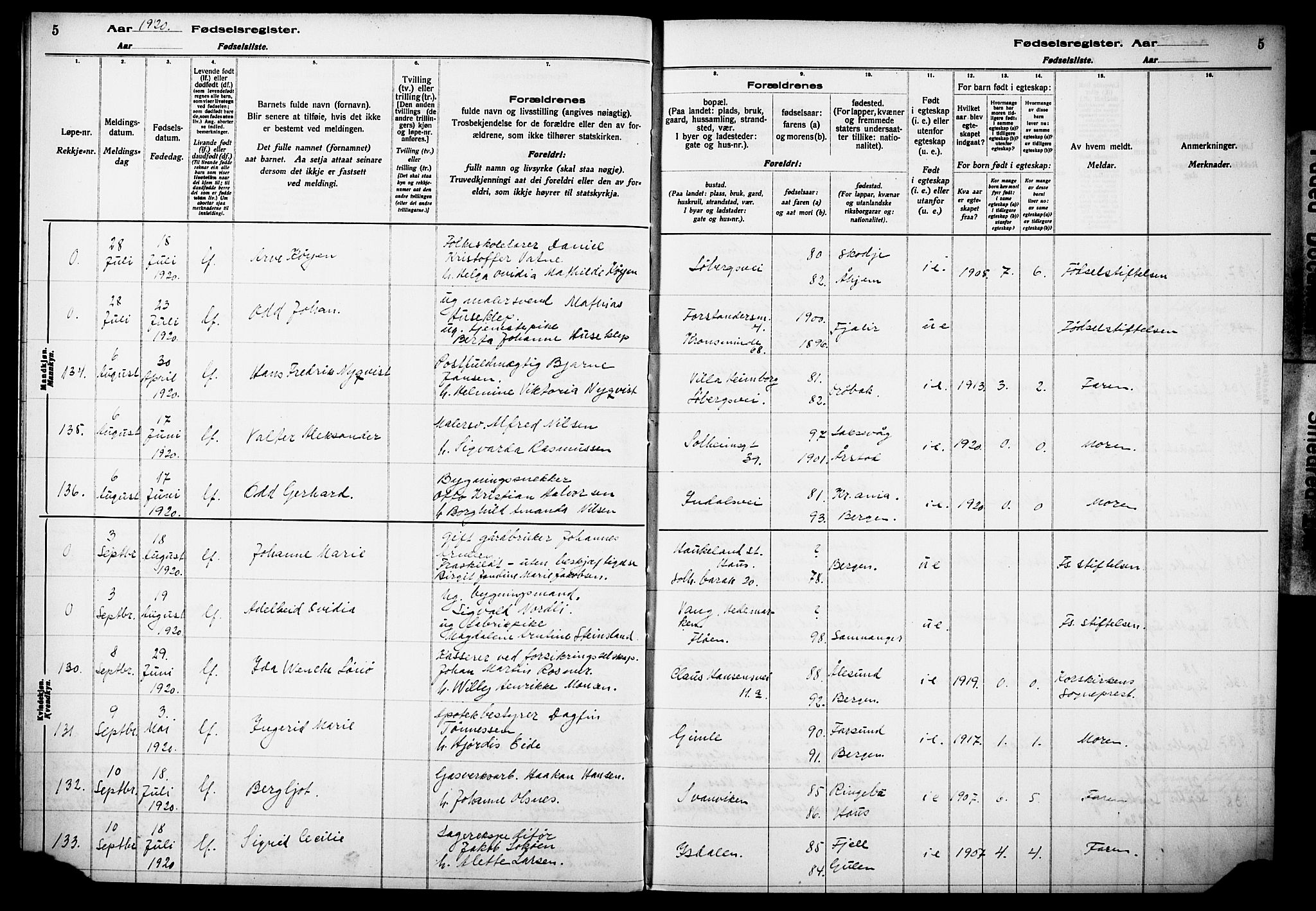 Årstad Sokneprestembete, AV/SAB-A-79301/I/Id/L0A02: Birth register no. A 2, 1920-1924, p. 5