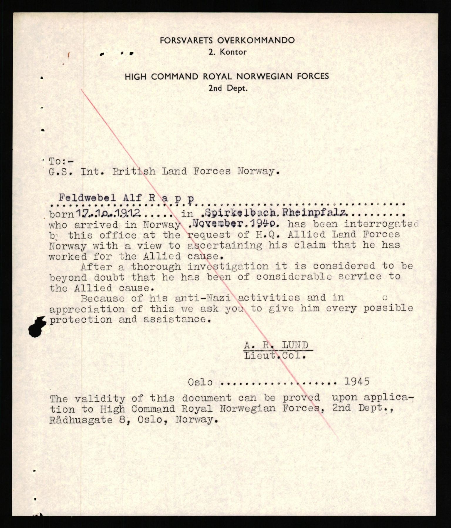 Forsvaret, Forsvarets overkommando II, AV/RA-RAFA-3915/D/Db/L0027: CI Questionaires. Tyske okkupasjonsstyrker i Norge. Tyskere., 1945-1946, p. 13