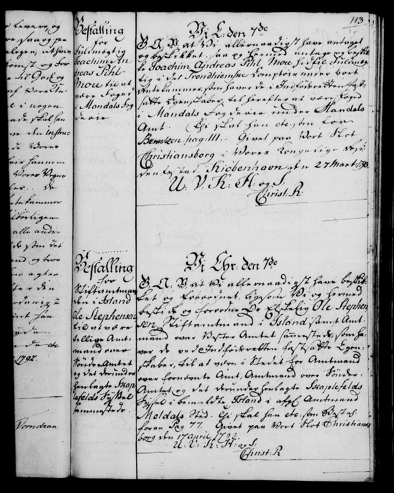 Rentekammeret, Kammerkanselliet, RA/EA-3111/G/Gg/Gge/L0006: Norsk bestallingsprotokoll med register (merket RK 53.30), 1773-1814, p. 113