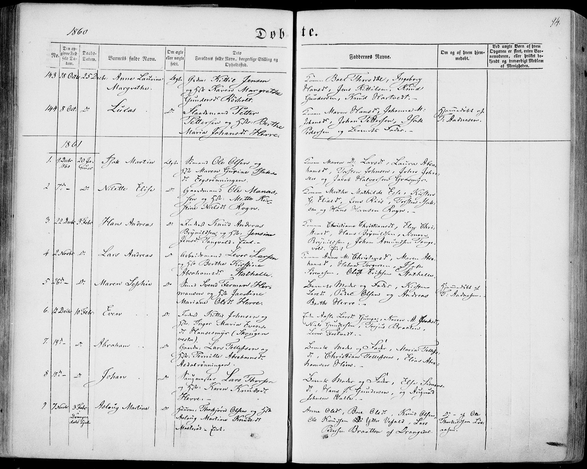 Bamble kirkebøker, SAKO/A-253/F/Fa/L0005: Parish register (official) no. I 5, 1854-1869, p. 94