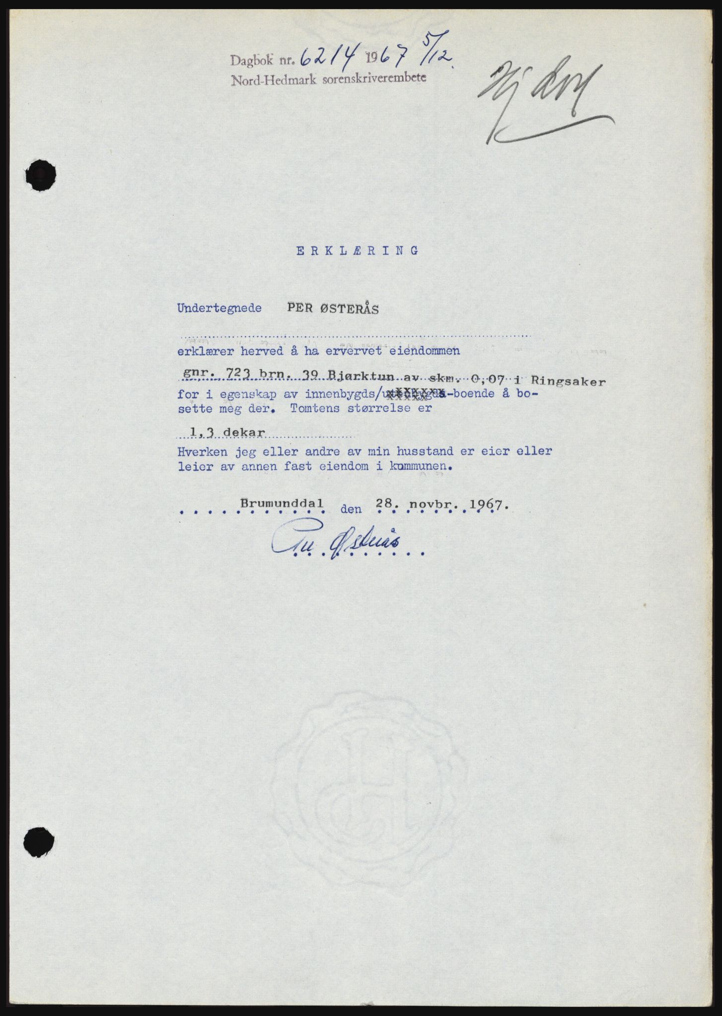Nord-Hedmark sorenskriveri, SAH/TING-012/H/Hc/L0027: Mortgage book no. 27, 1967-1968, Diary no: : 6214/1967
