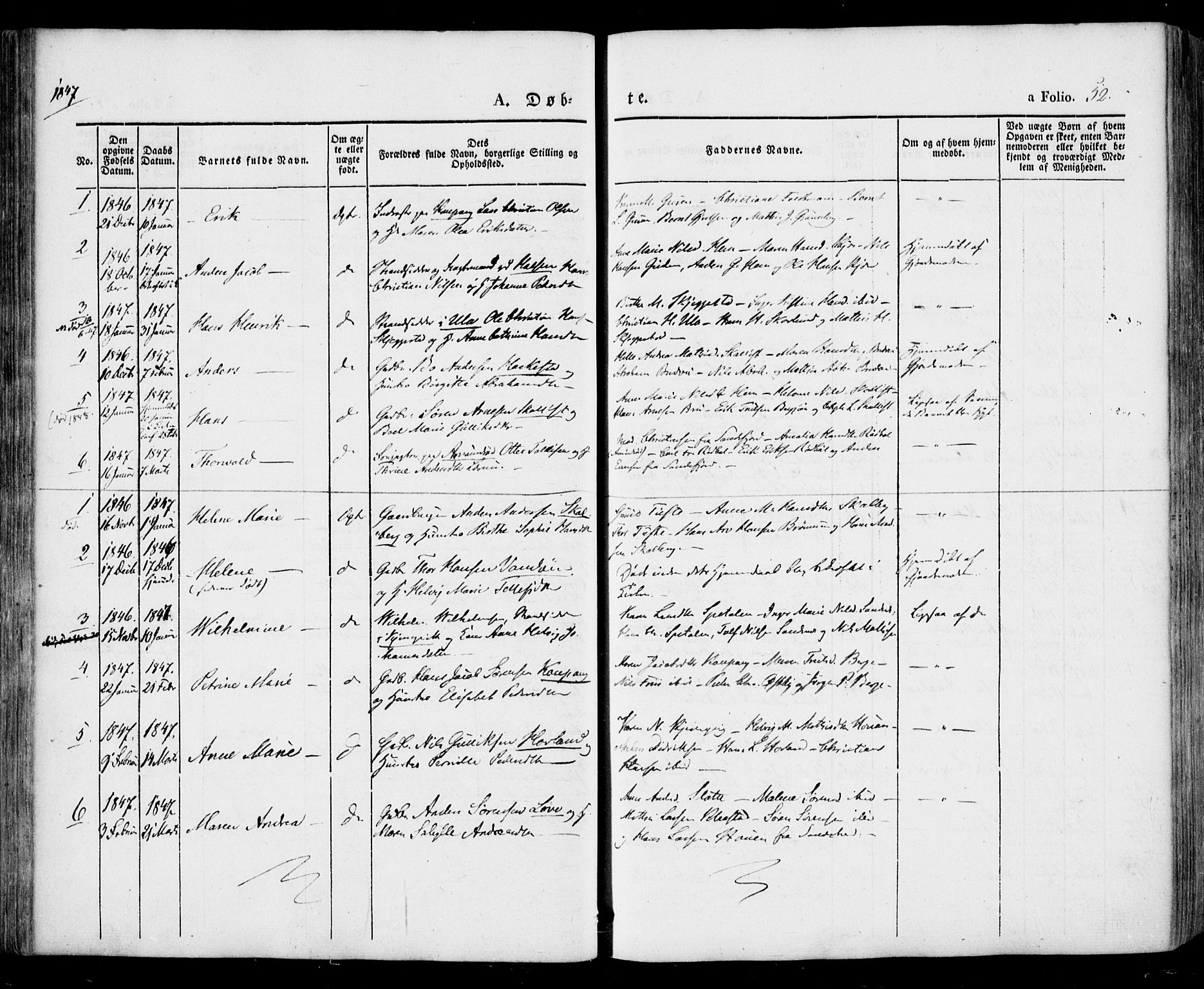 Tjølling kirkebøker, SAKO/A-60/F/Fa/L0006: Parish register (official) no. 6, 1835-1859, p. 52