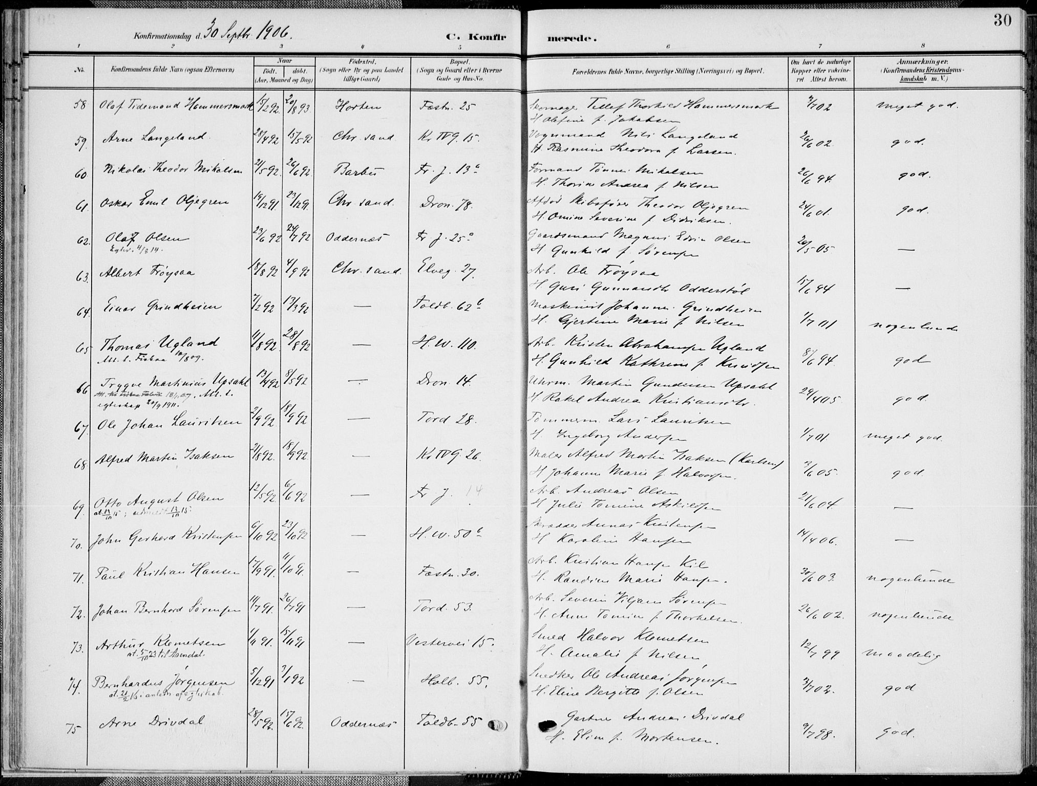 Kristiansand domprosti, SAK/1112-0006/F/Fa/L0022: Parish register (official) no. A 21, 1905-1916, p. 30