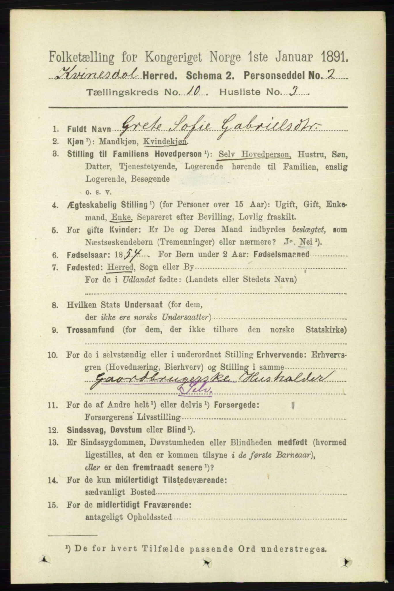 RA, 1891 census for 1037 Kvinesdal, 1891, p. 3868