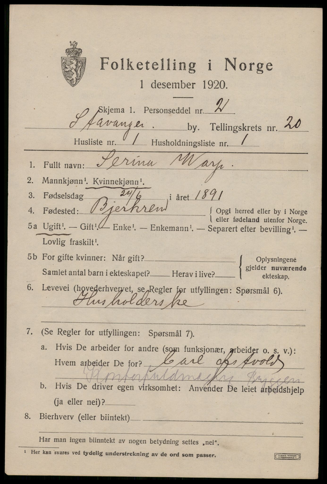 SAST, 1920 census for Stavanger, 1920, p. 69948