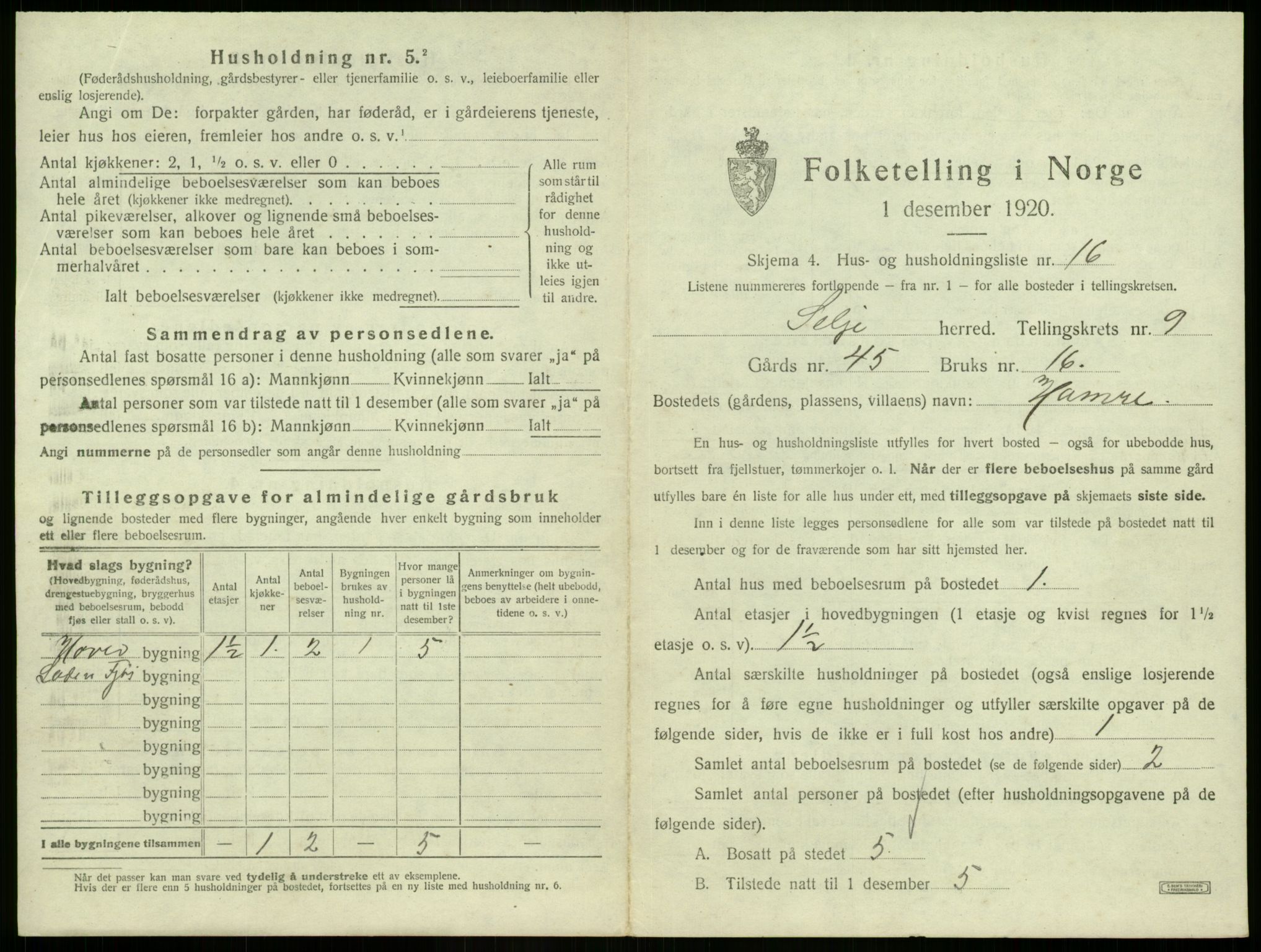 SAB, 1920 census for Selje, 1920, p. 575