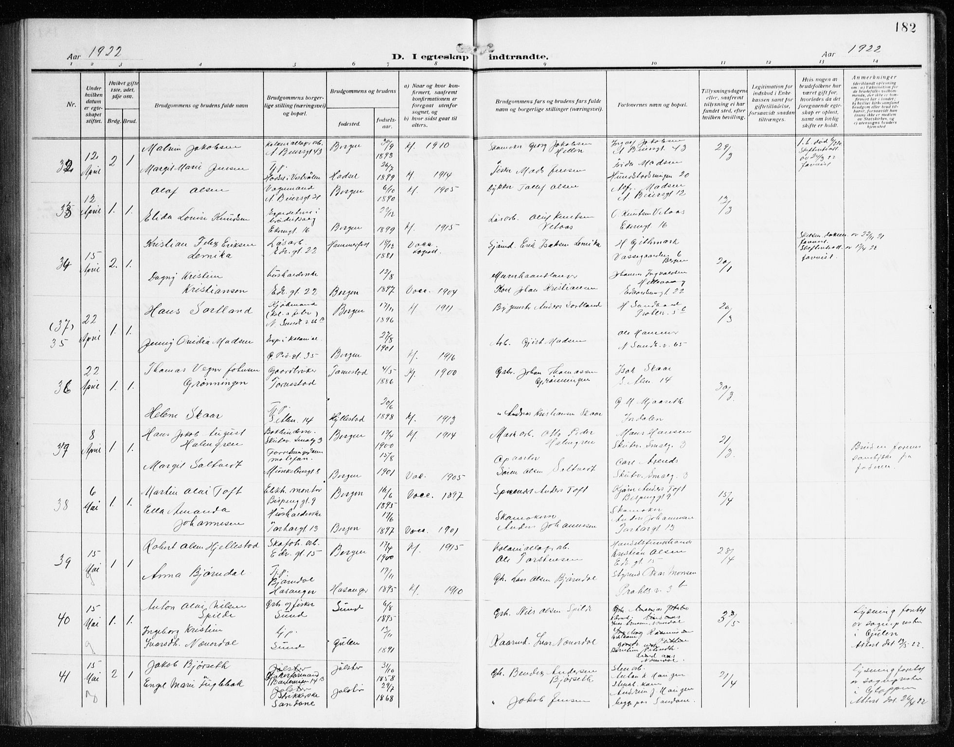 Sandviken Sokneprestembete, AV/SAB-A-77601/H/Ha/L0015: Parish register (official) no. D 2, 1911-1923, p. 182