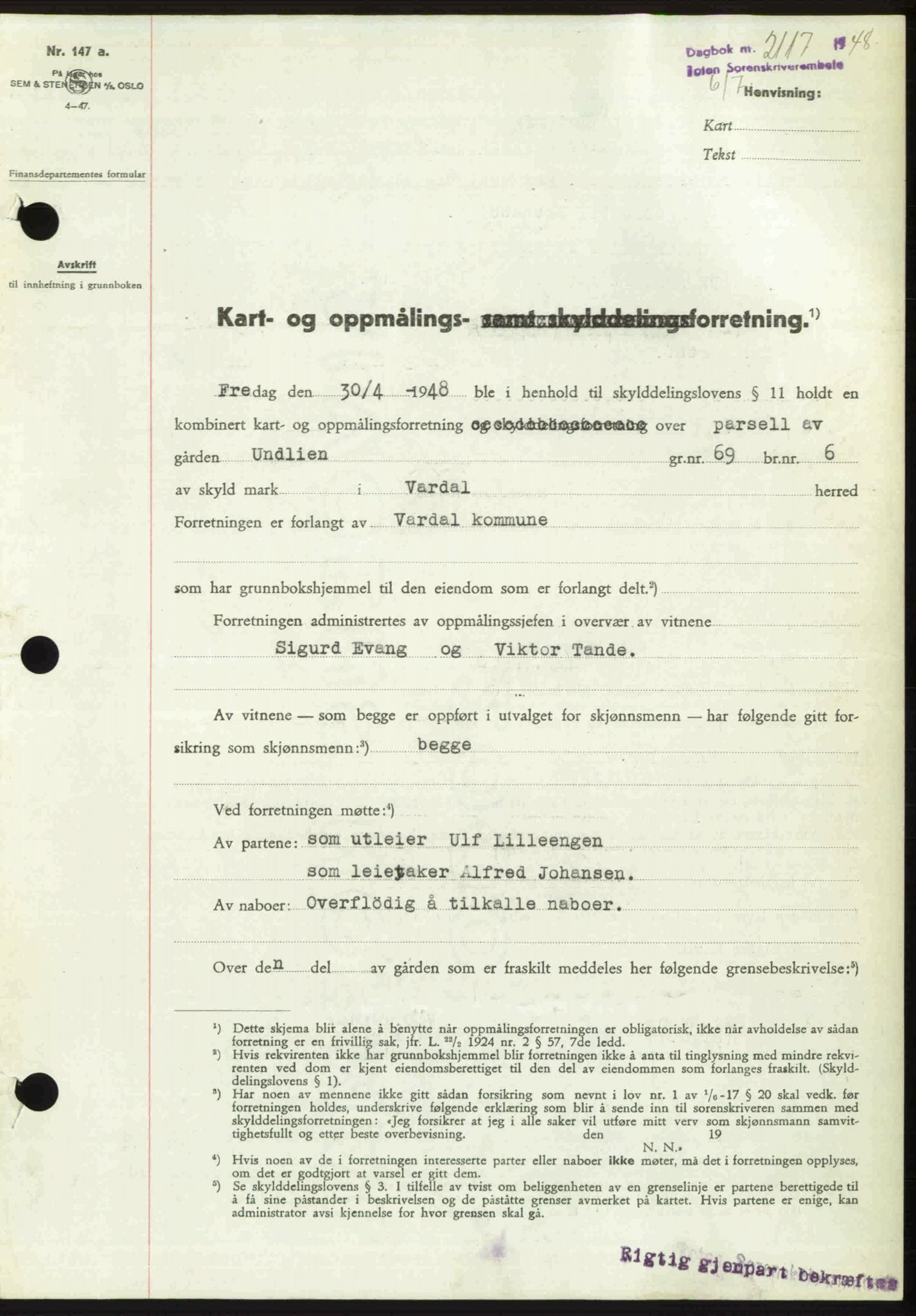 Toten tingrett, SAH/TING-006/H/Hb/Hbc/L0020: Mortgage book no. Hbc-20, 1948-1948, Diary no: : 2117/1948
