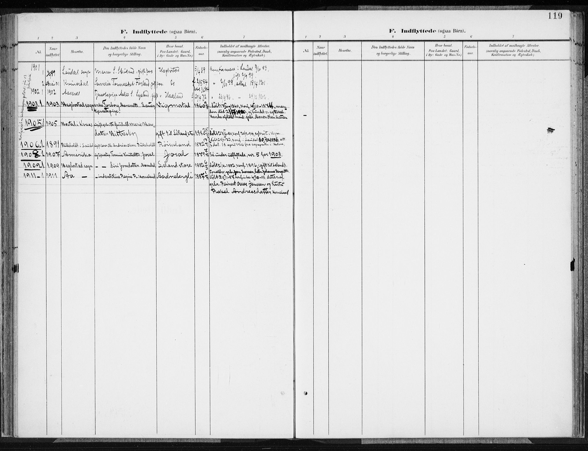 Nord-Audnedal sokneprestkontor, AV/SAK-1111-0032/F/Fa/Fab/L0004: Parish register (official) no. A 4, 1901-1917, p. 119