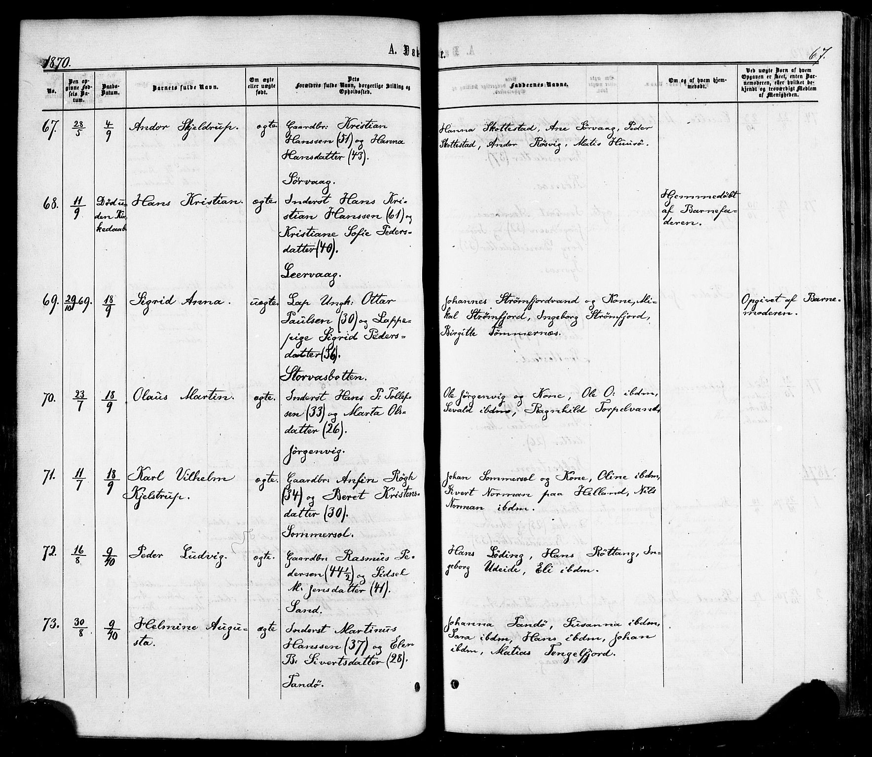 Ministerialprotokoller, klokkerbøker og fødselsregistre - Nordland, SAT/A-1459/859/L0845: Parish register (official) no. 859A05, 1863-1877, p. 67