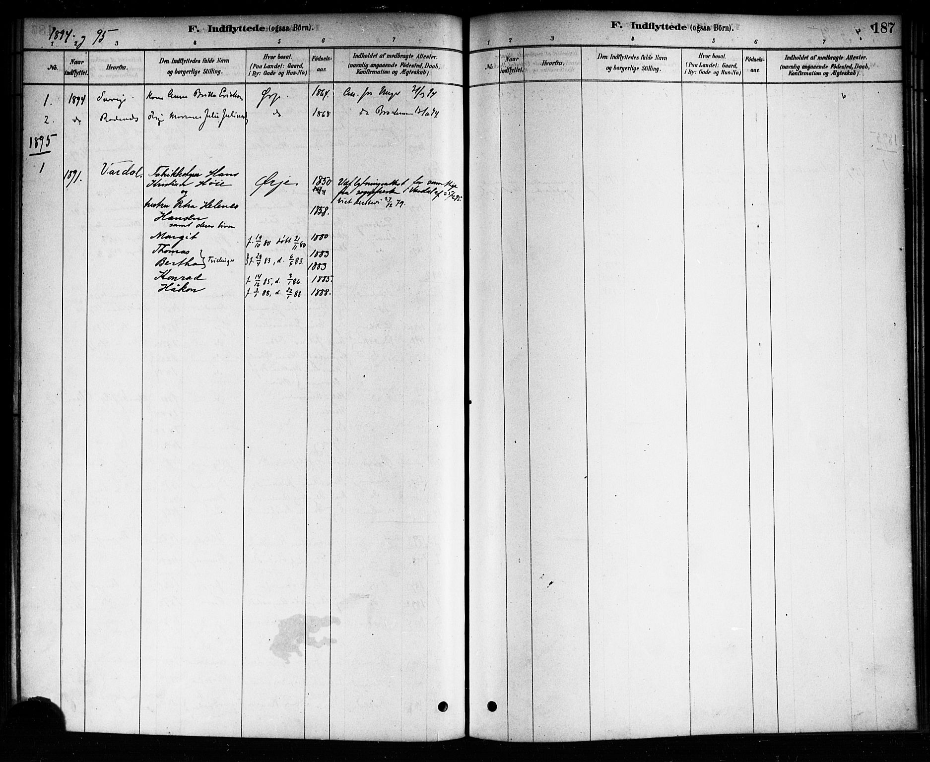 Aremark prestekontor Kirkebøker, SAO/A-10899/F/Fb/L0004: Parish register (official) no. II 4, 1878-1895, p. 187
