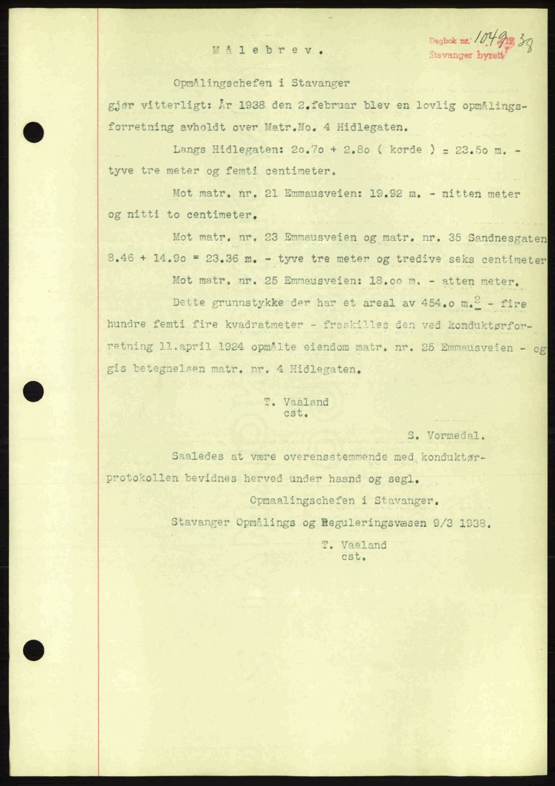 Stavanger byrett, SAST/A-100455/002/G/Gb/L0013: Mortgage book no. A3, 1937-1938, Diary no: : 1049/1938