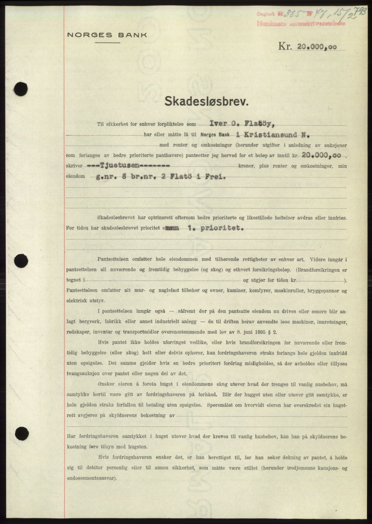 Nordmøre sorenskriveri, AV/SAT-A-4132/1/2/2Ca: Mortgage book no. B95, 1946-1947, Diary no: : 385/1947