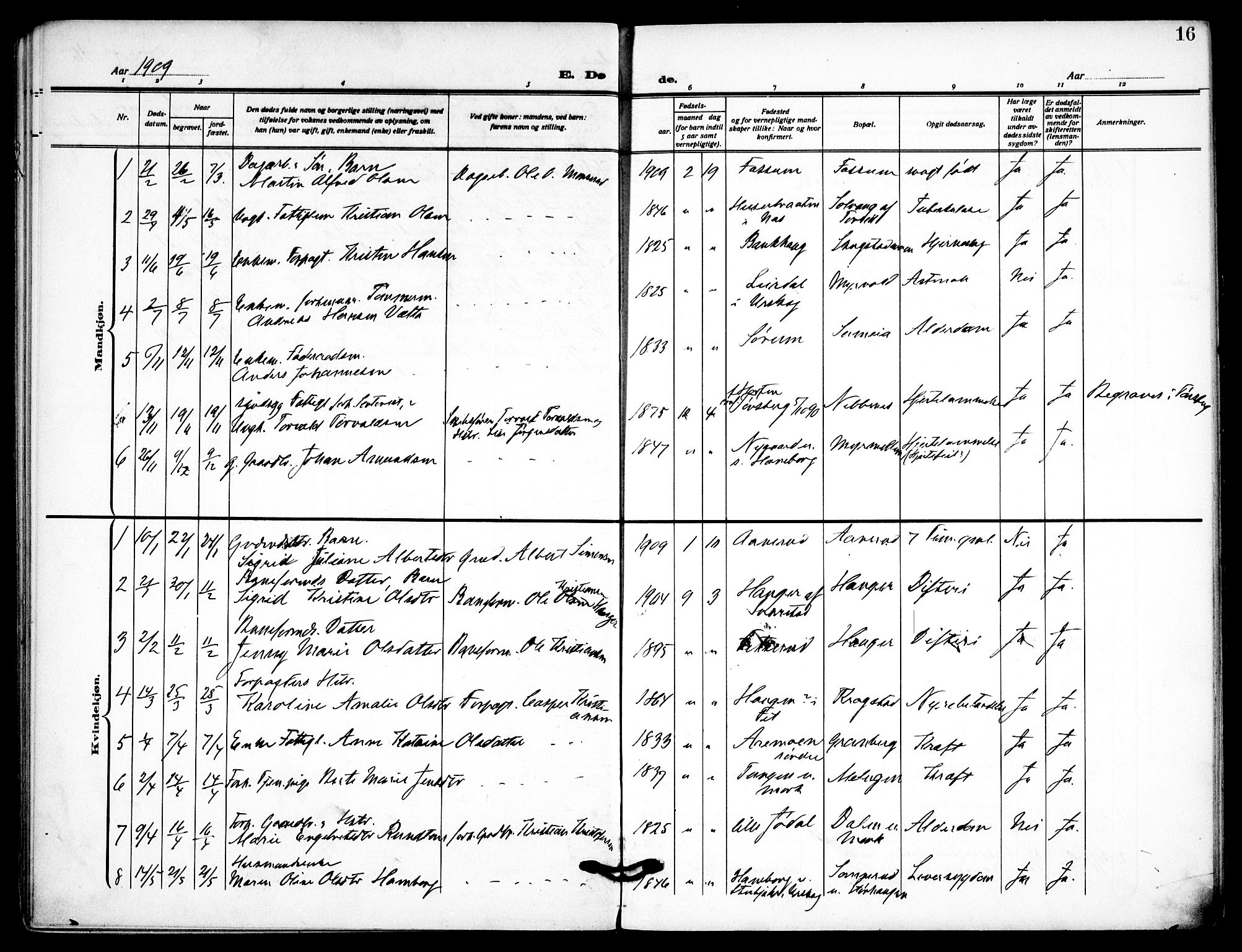 Aurskog prestekontor Kirkebøker, SAO/A-10304a/F/Fb/L0003: Parish register (official) no. II 3, 1909-1919, p. 16