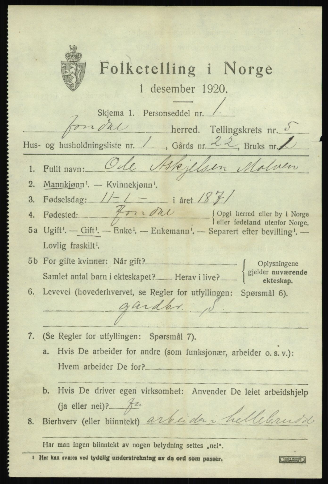 SAB, 1920 census for Jondal, 1920, p. 2492