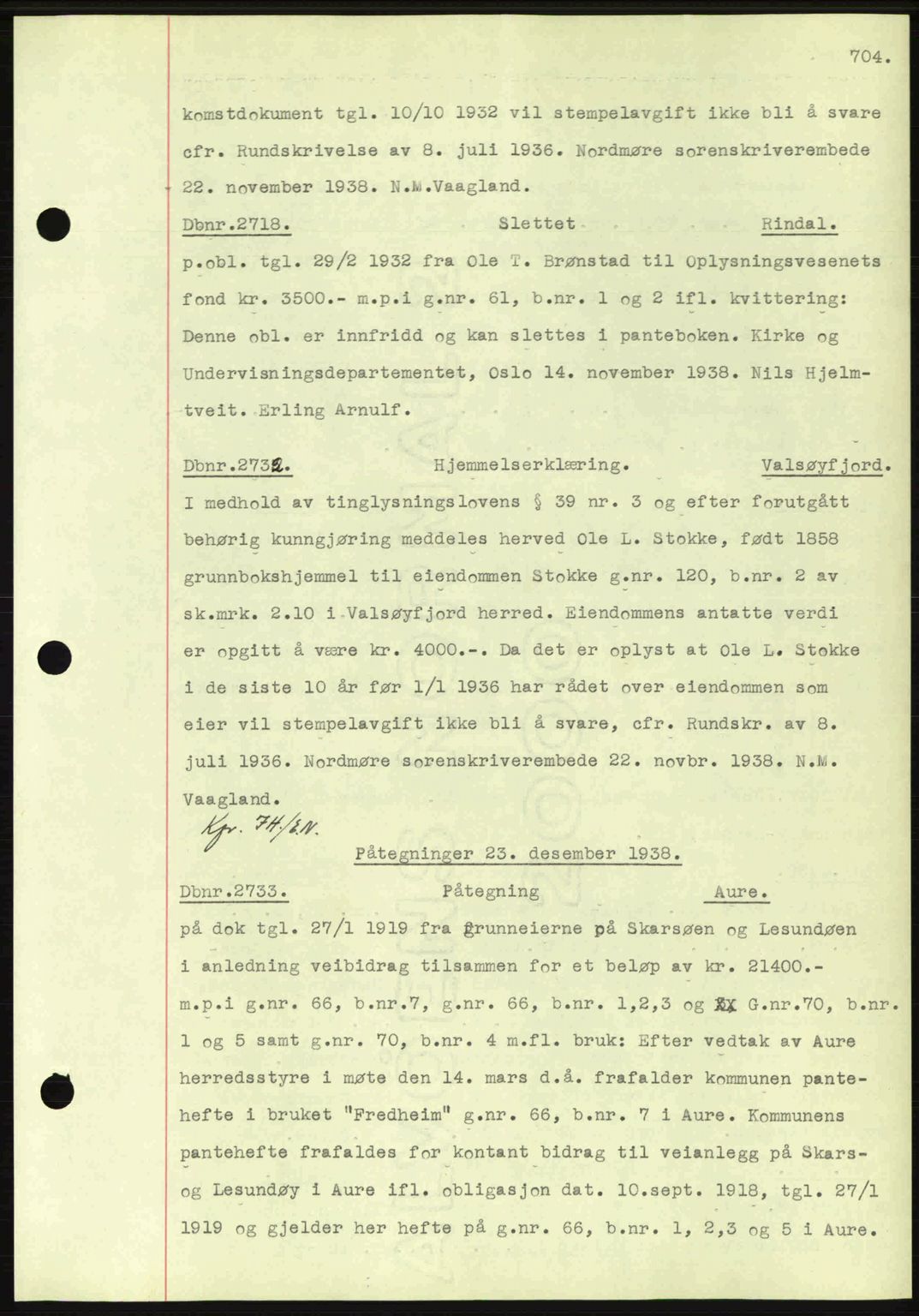 Nordmøre sorenskriveri, AV/SAT-A-4132/1/2/2Ca: Mortgage book no. C80, 1936-1939, Diary no: : 2718/1938