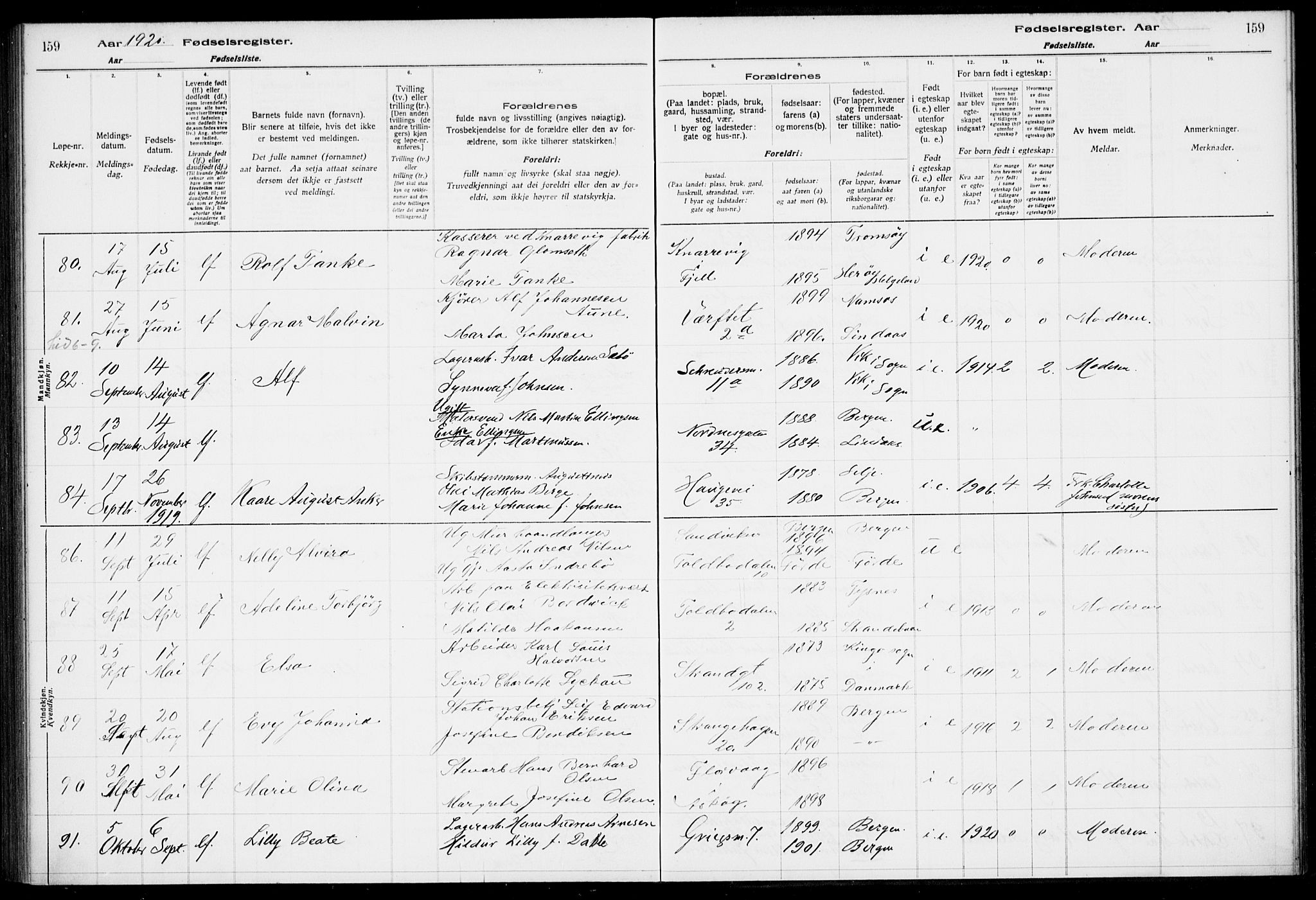 Nykirken Sokneprestembete, SAB/A-77101/I/Id/L00A1: Birth register no. A 1, 1916-1922, p. 159