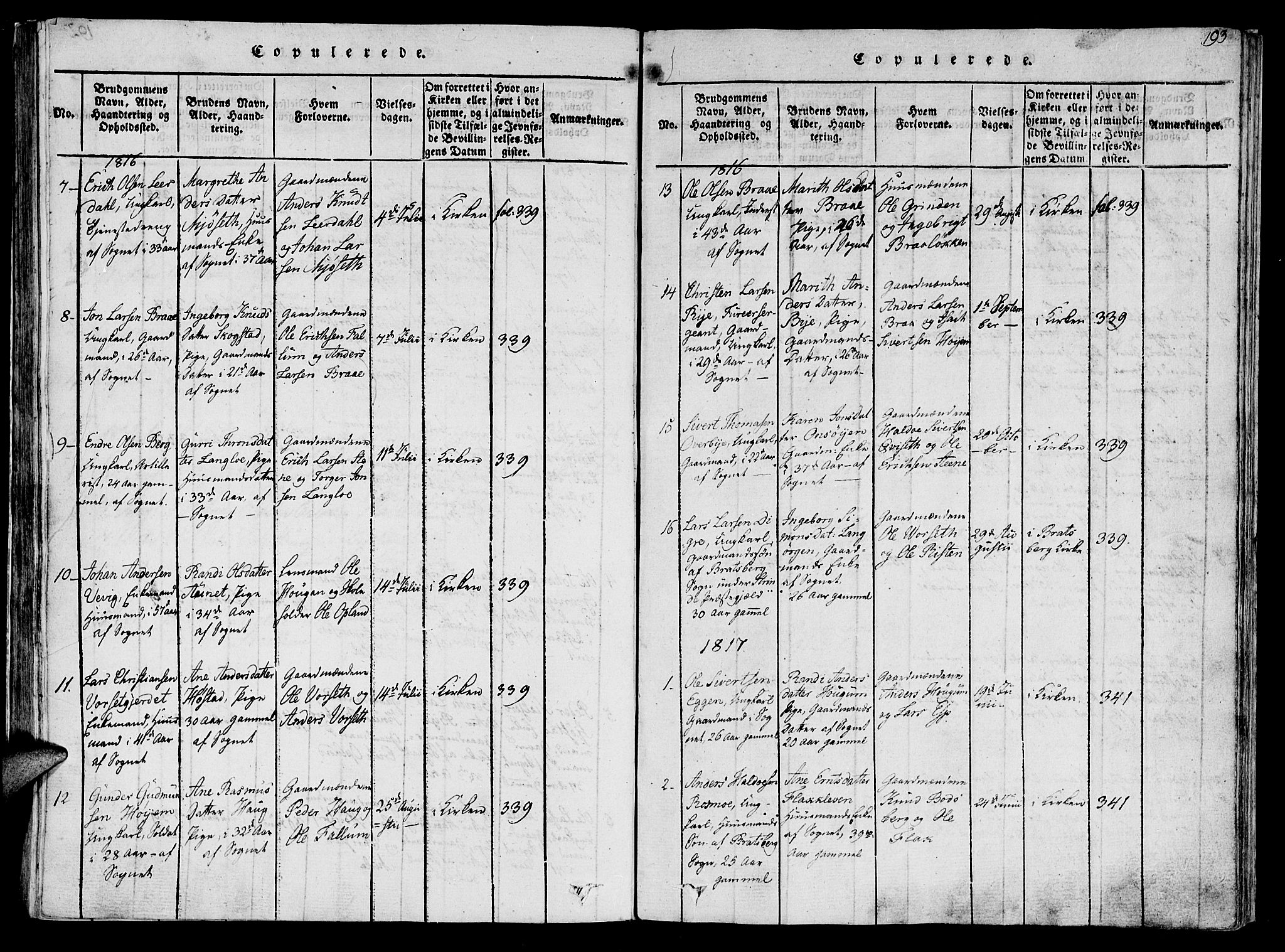 Ministerialprotokoller, klokkerbøker og fødselsregistre - Sør-Trøndelag, SAT/A-1456/612/L0372: Parish register (official) no. 612A06 /1, 1816-1828, p. 193