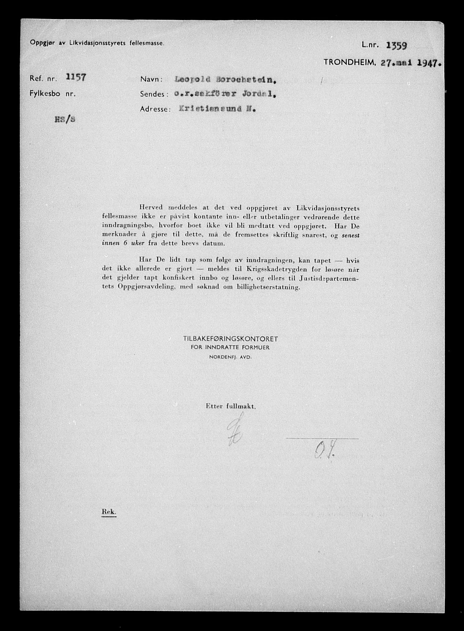 Justisdepartementet, Tilbakeføringskontoret for inndratte formuer, AV/RA-S-1564/H/Hc/Hcb/L0910: --, 1945-1947, p. 405