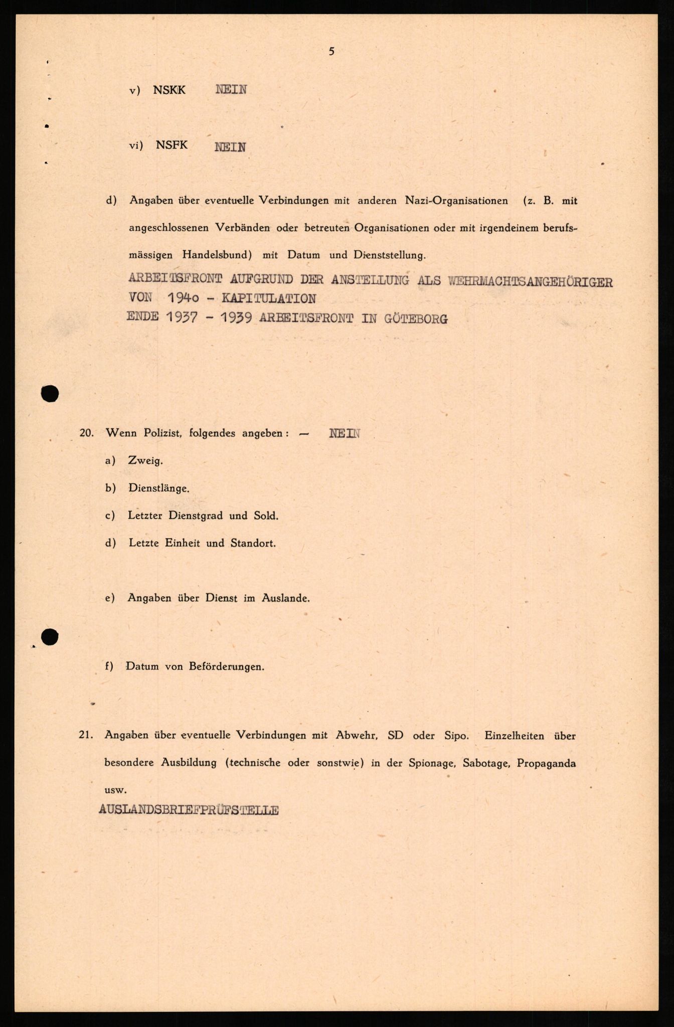 Forsvaret, Forsvarets overkommando II, RA/RAFA-3915/D/Db/L0029: CI Questionaires. Tyske okkupasjonsstyrker i Norge. Tyskere., 1945-1946, p. 161