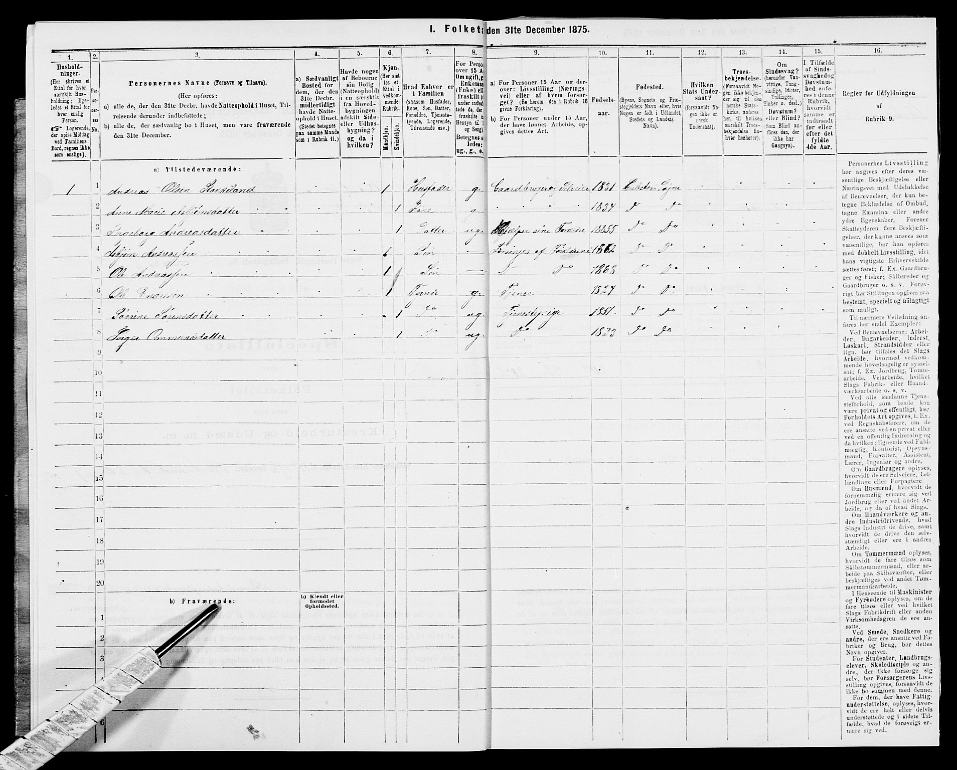 SAK, 1875 census for 1018P Søgne, 1875, p. 1345