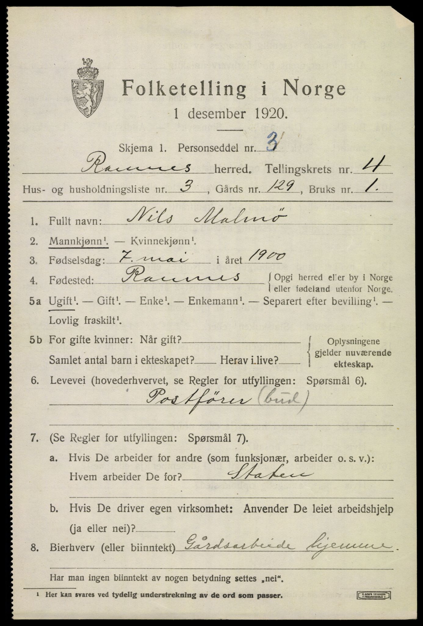 SAKO, 1920 census for Ramnes, 1920, p. 4348